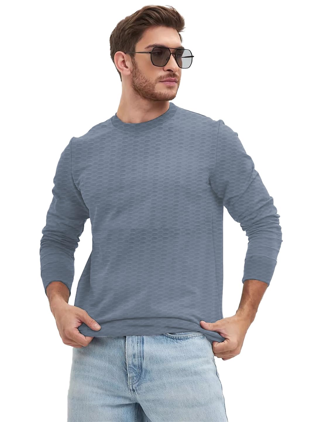 LEOTUDE Men’s Regular Fit Cottonblend Full Sleeve Textured Solid T-Shirt for Men (Color Grey)