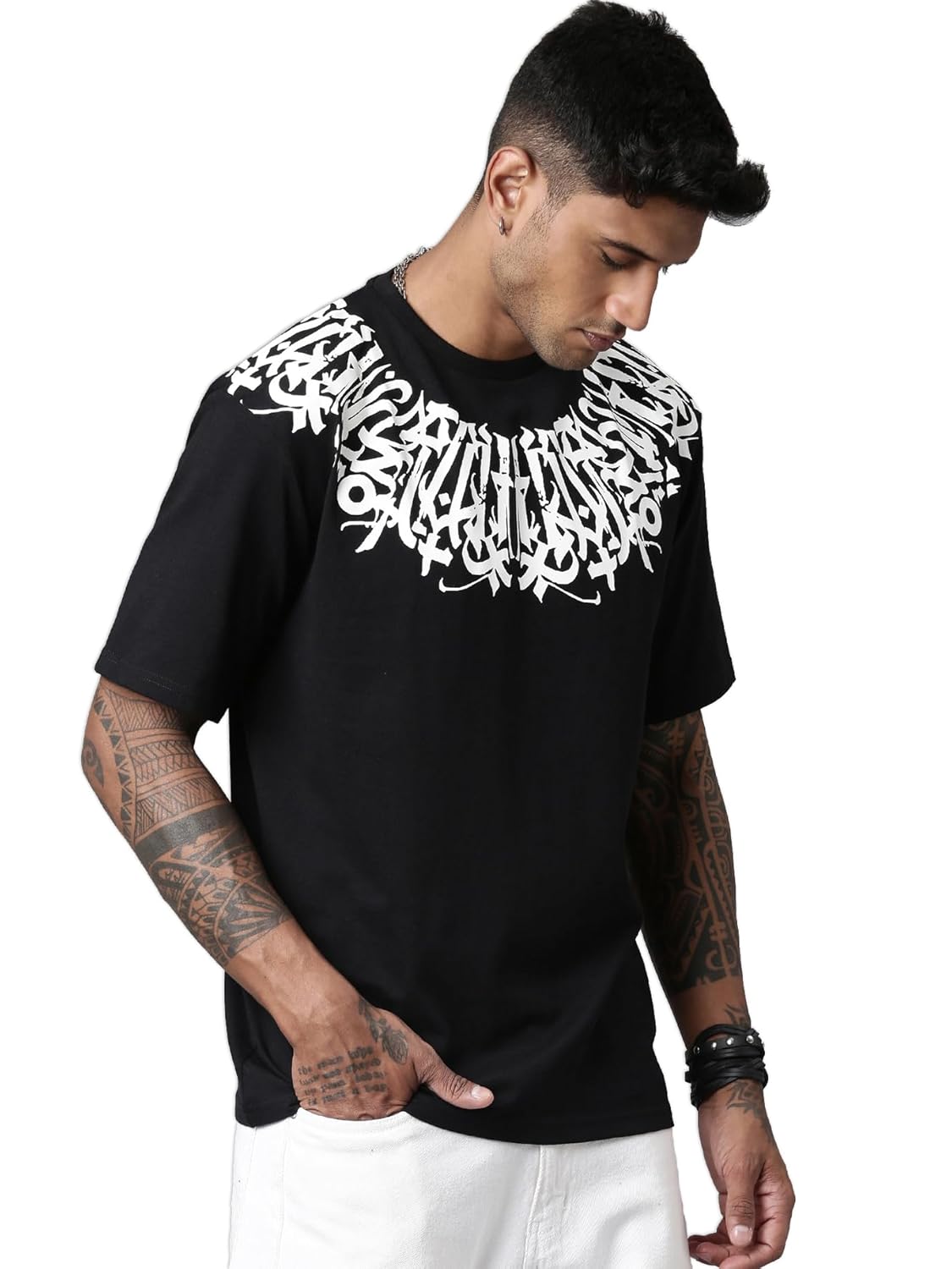 LEWEL Men’s Stylish Round Neck Printed 3/4th Sleeve Oversized T-Shirt (Black) LEWEL Men’s Stylish Round Neck Printed 3/4th Sleeve Oversized T-Shirt (Black)