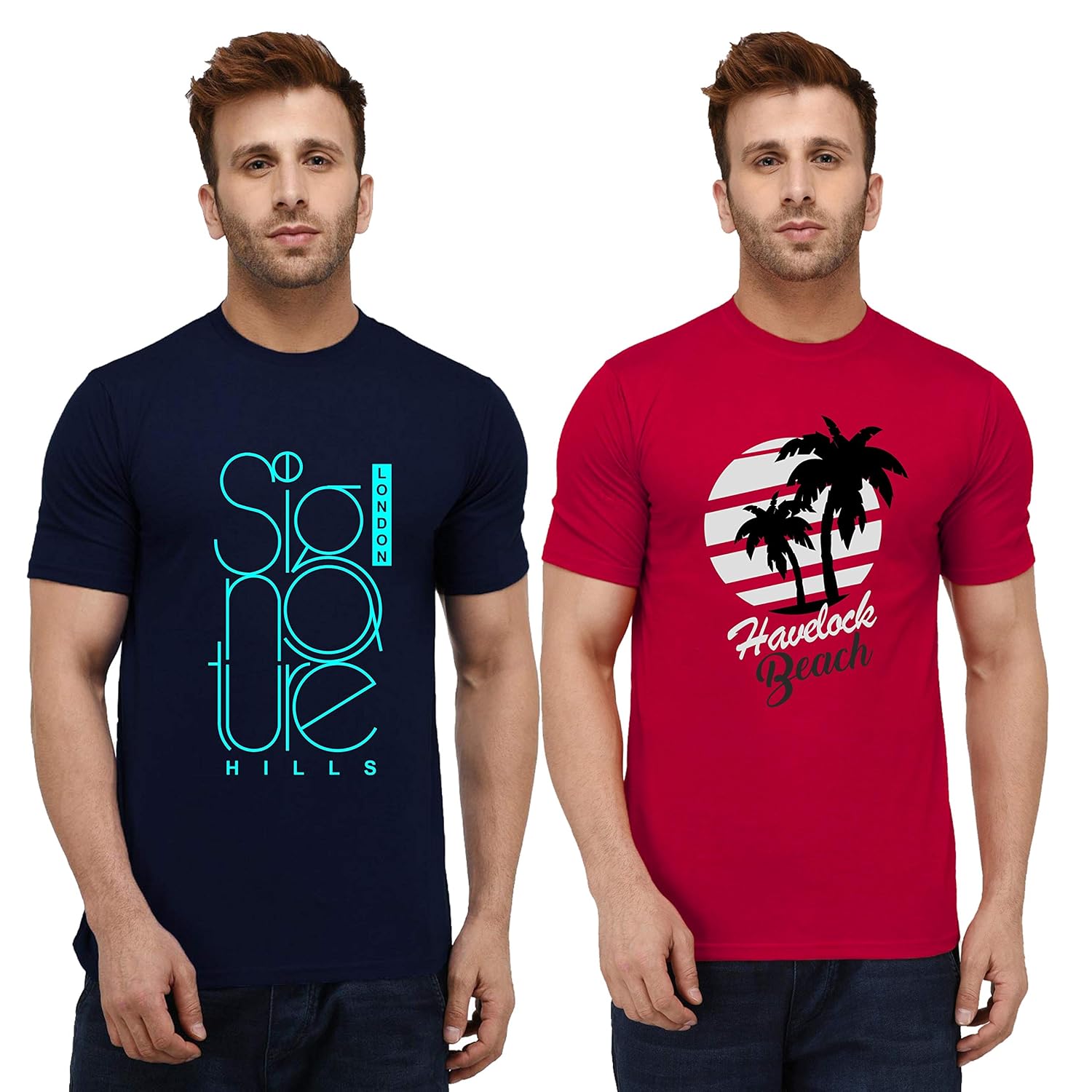 London Hills Men Solid Half Sleeve Round Neck Cotton Blend Printed Regular Fit T-Shirt (Pack Of 2)