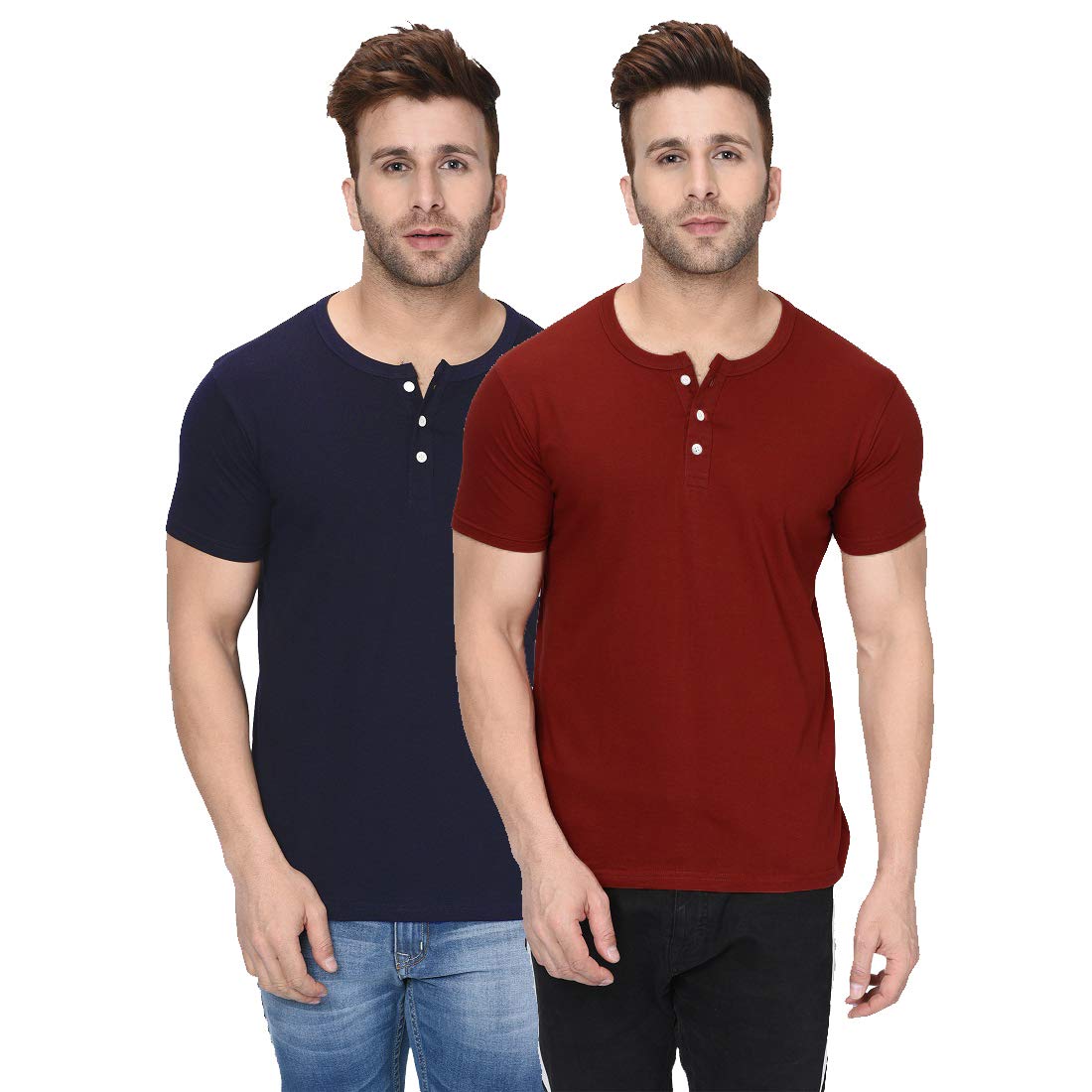 London Hills Men’s Regular Fit Henley Neck Tshirt | Cotton Blend Half Sleeve T-Shirt (Pack of 2)