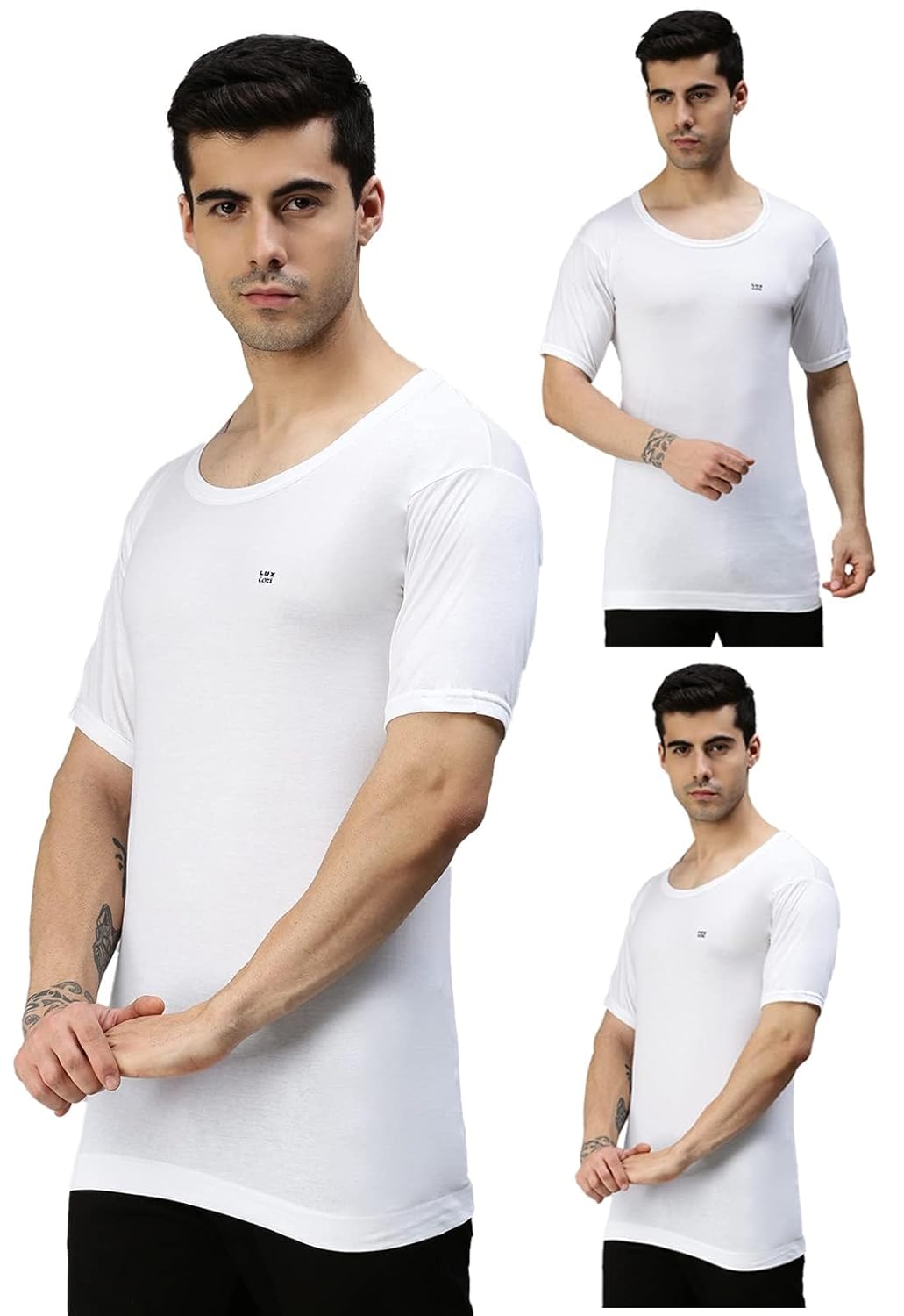Lux Cozi Men’s White Round Neck Half Sleeves 100% Cotton Modern Fit Vest With Extended Length For Easy Tuck (Pack Of 3)