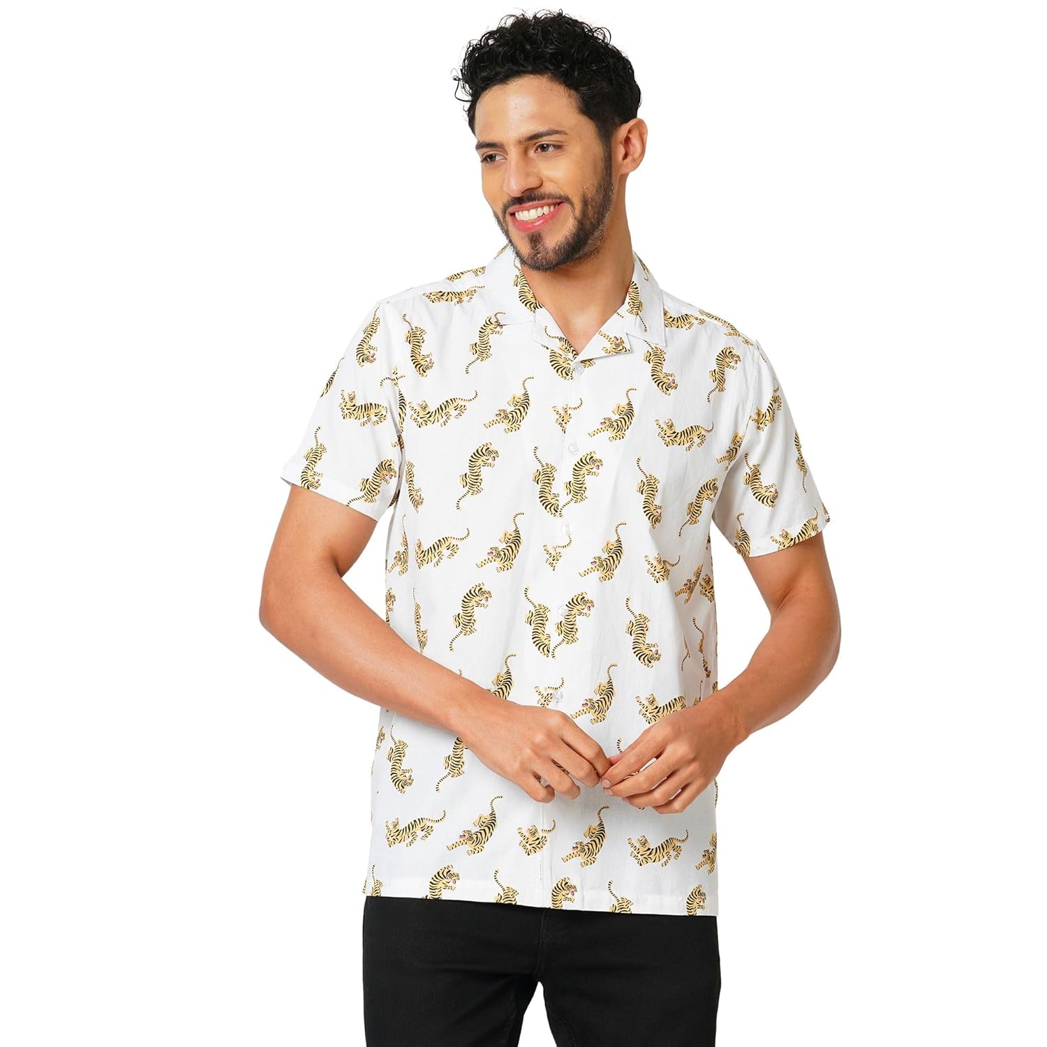 MARKRICH Men’s Printed Slim Cuban Collar Half Sleeves Casual Shirt Crafted with Comfort Fit for Everyday Wear