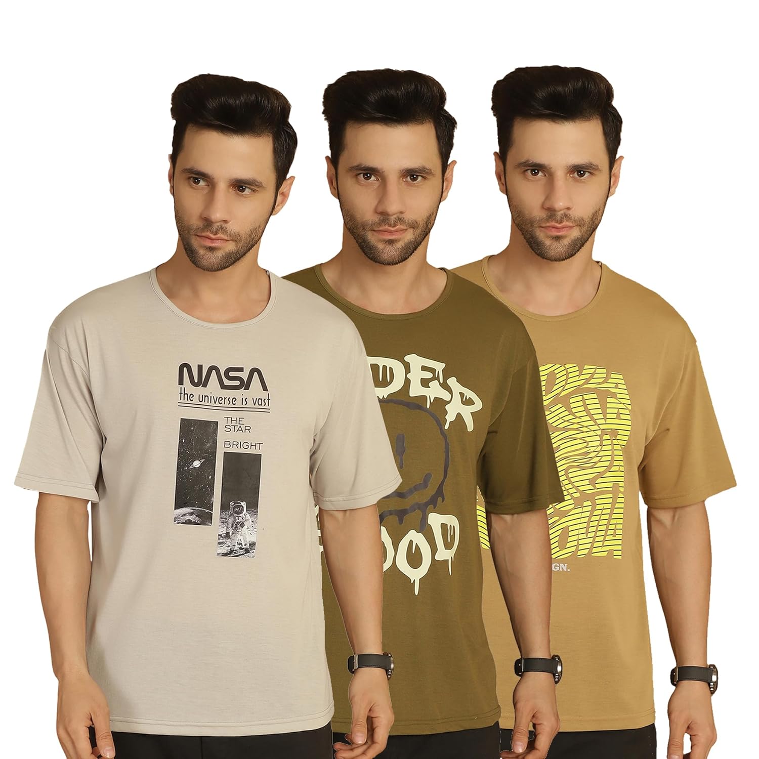Mack Jonney Printed Oversized Fit Round Neck Cotton Half Sleeves Tshirt for Men(Pack of 3)-MACK635126