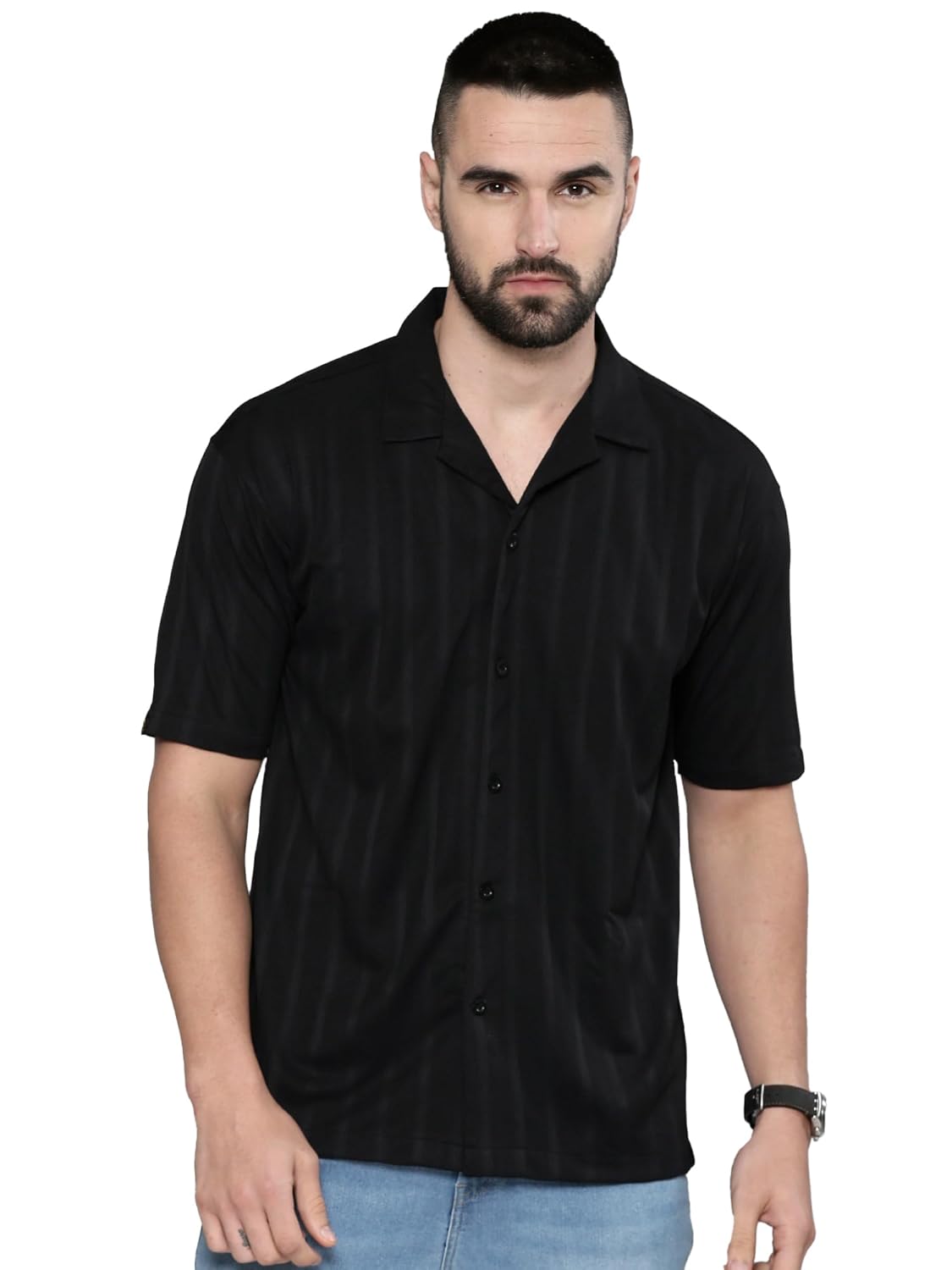 Maniac Mens Plain Solid Collared Neck Full Sleeve Black Cotton Shirt Maniac Mens Plain Solid Collared Neck Full Sleeve Black Cotton Shirt
