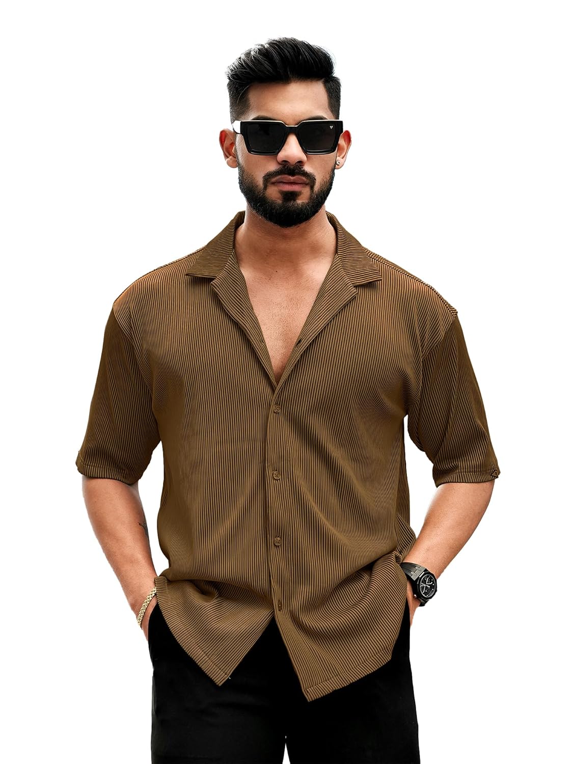 Maniac Mens Stripe Textured Collared Neck Half Sleeve Polyester Shirt