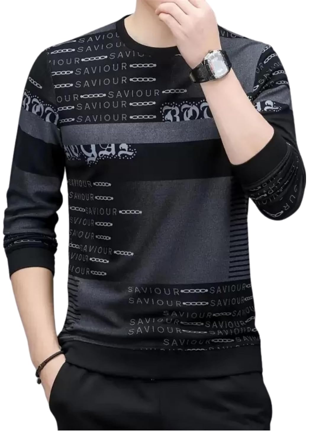 Men’s Casual Crew Neck T-Shirt, Graphic Print Pattern, Long Sleeve, Black and Grey