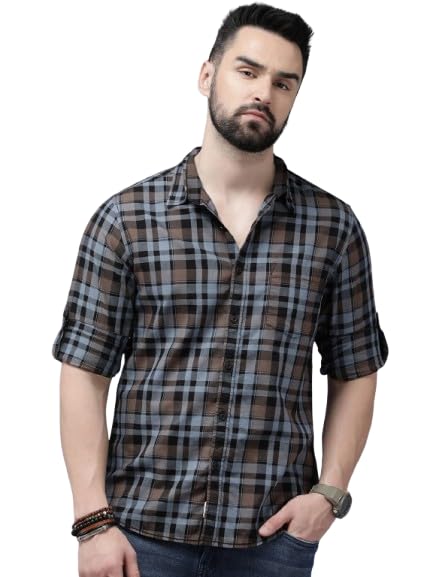 Men’s Cotton Casual Checked Classic Collar Slim Fit Shirt