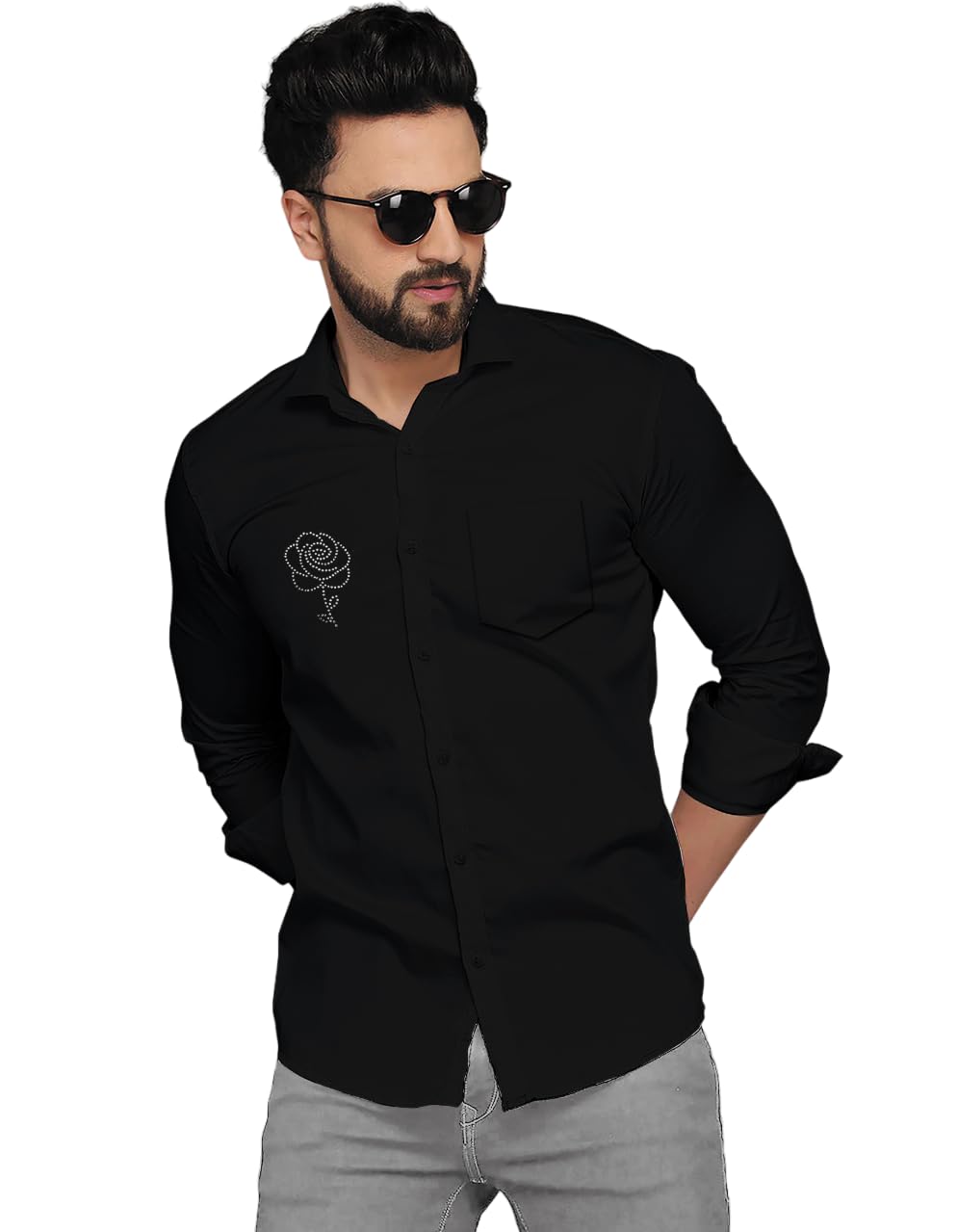 Men’s Regular Fit Self Rose Design Solid Spread Collar Full Sleeve Casual Pure Cotton Blend Stone Work Shirt (Black Color) Men’s Regular Fit Self Rose Design Solid Spread Collar Full Sleeve Casual Pure Cotton Blend Stone Work Shirt (Black Color)