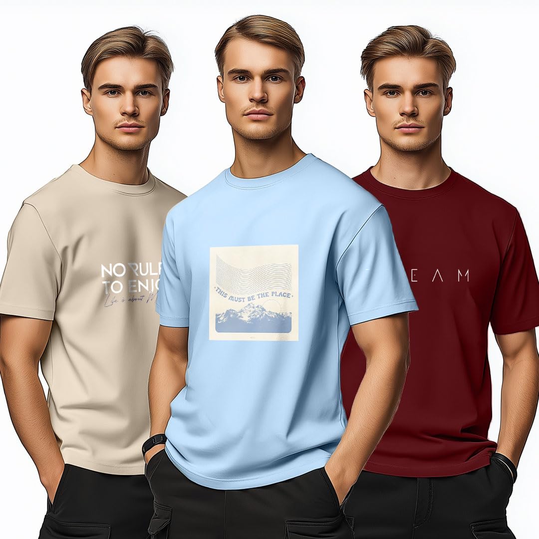 NOBERO 100% Cotton Tshirts for Men Combo Pack of 3 | Regular Fit | Printed | Round Neck Half Sleeve