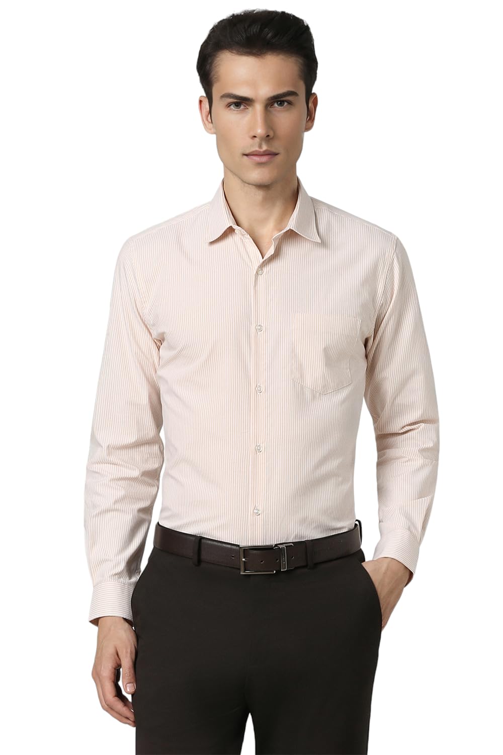 Peter England Men’s Slim Fit Full Sleeve Pin-Striped Formal Shirt | Cotton-Rich | Wonder Fabric | Pin Point Oxford