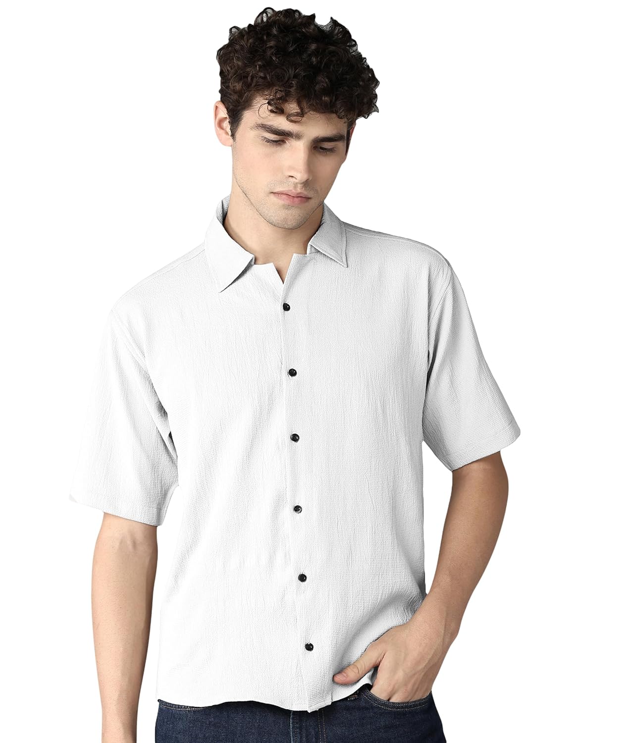 Rich Vesture Men’s Casual Lycra Cotton Shirt – Stylish & Textured Half Sleeve Solid Oversized Shirt for Men, Comfortable, Breathable & Trendy Fashionable Wear for Everyday Use