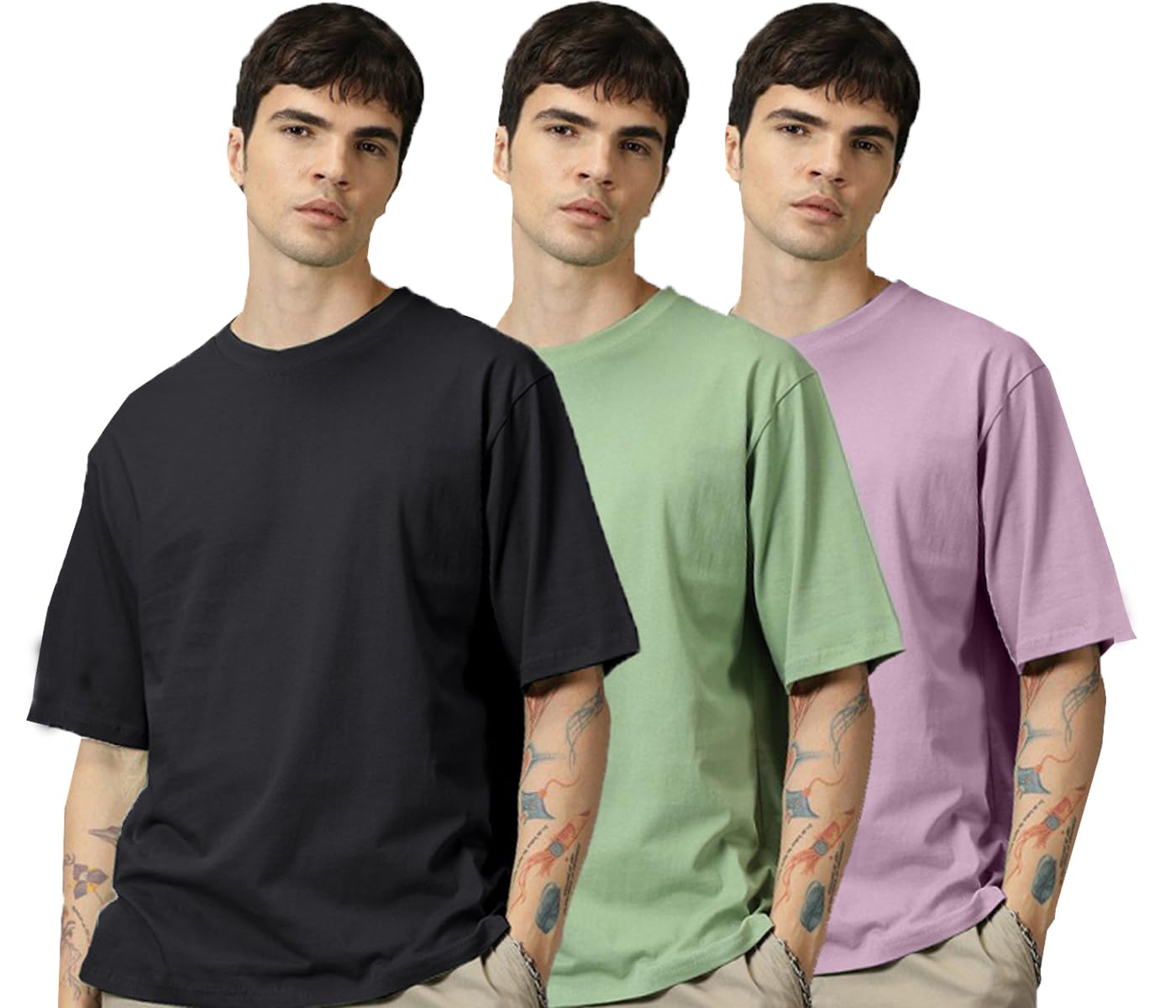 RodZen® Oversized Baggy Fit Half Sleeves Round Neck Solid Cotton Blend Combo T-Shirt for Men (Pack of 3)