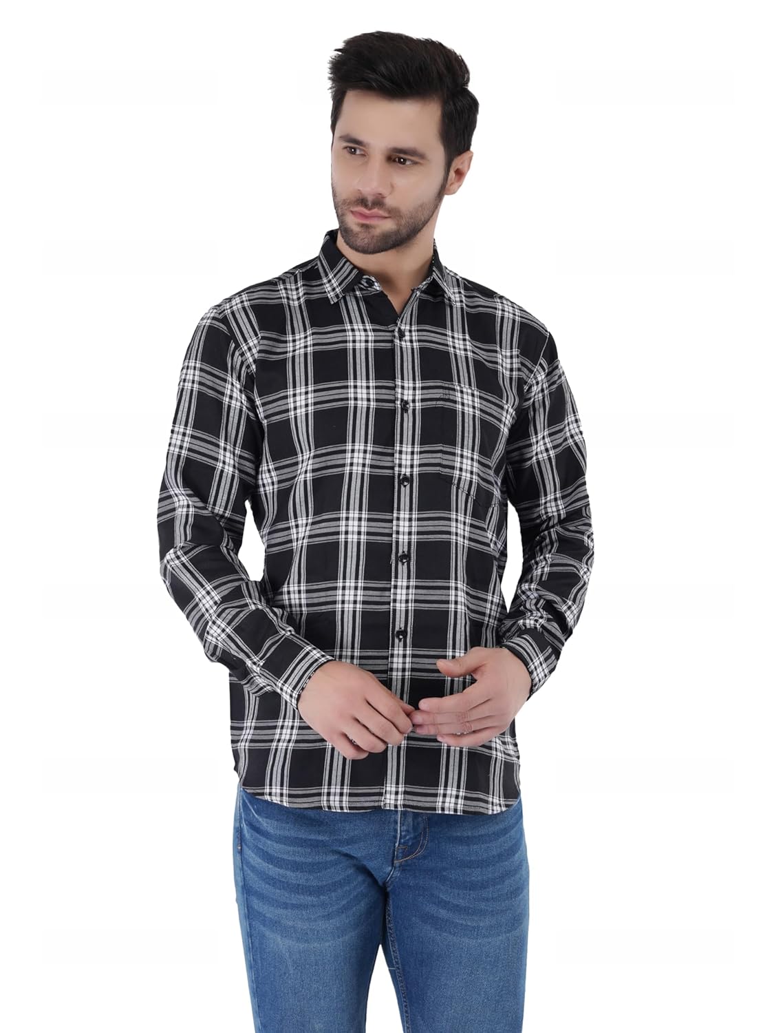 SARAAI Men’s Checkered Slim Fit Cotton Casual Shirt with Spread Collar & Full Sleeves SARAAI Men’s Checkered Slim Fit Cotton Casual Shirt with Spread Collar & Full Sleeves