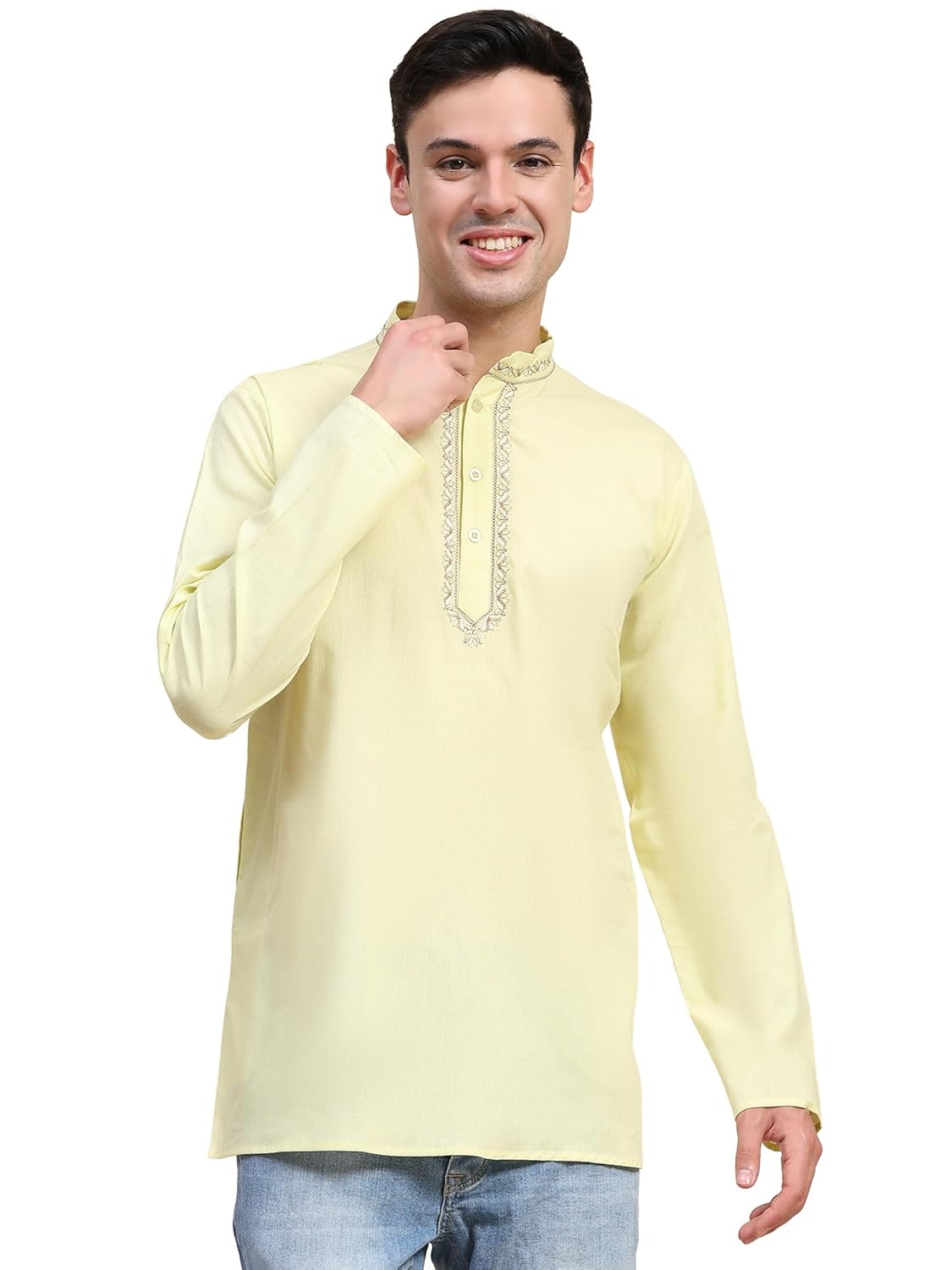 SKAVIJ Men’s Cotton Embroidered Kurta Shirt – Long Sleeve Traditional Indian Tunic for Casual
