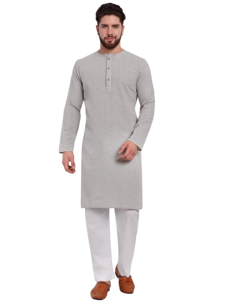 SKAVIJ Men’s Handloom Cotton Solid Kurta Pajama Set Round Neck Casual Dress (KP117PSC__XL)