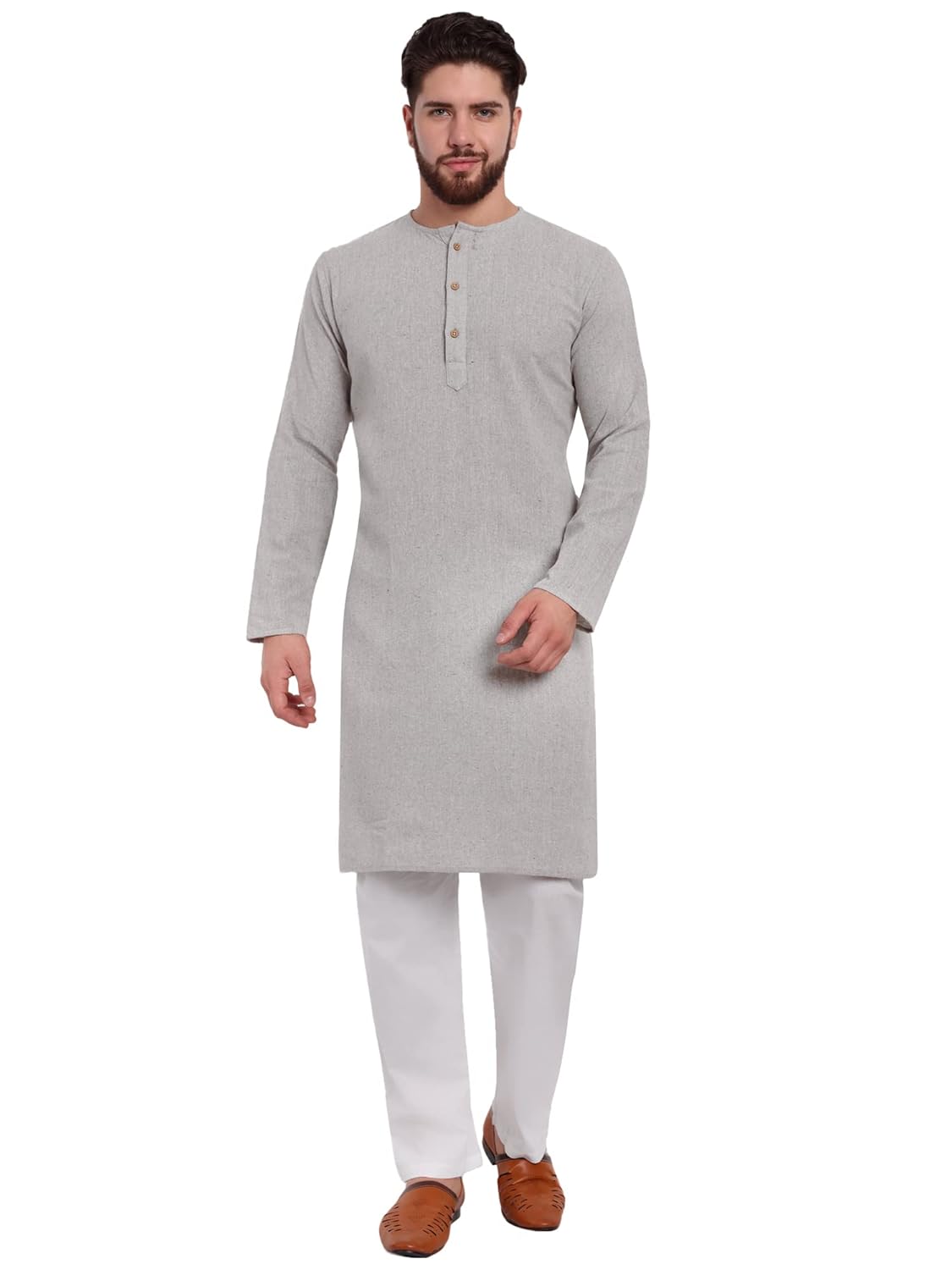 SKAVIJ Men’s Handloom Cotton Solid Kurta Pajama Set Round Neck Casual Dress (KP117PSC__XL)