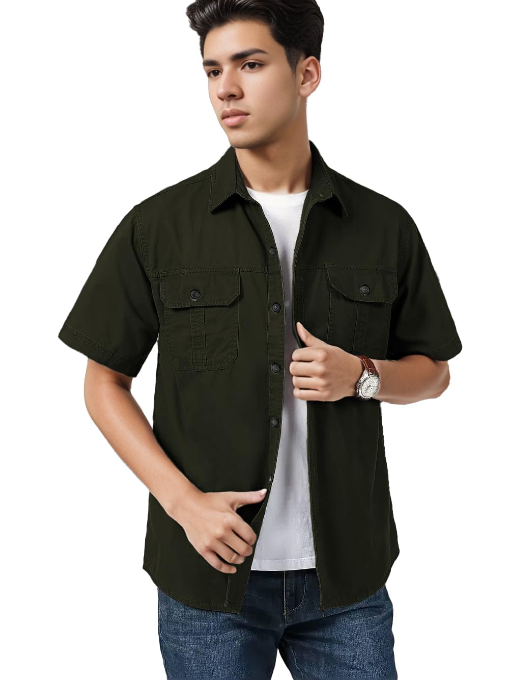 SMOWKLY Men’s Casual Solid Printed Cotton Regular Fit Shirt || Half Sleeve, Button Down, Double Front Pocket || Denim Shacket Style Fashionable Western Outfit
