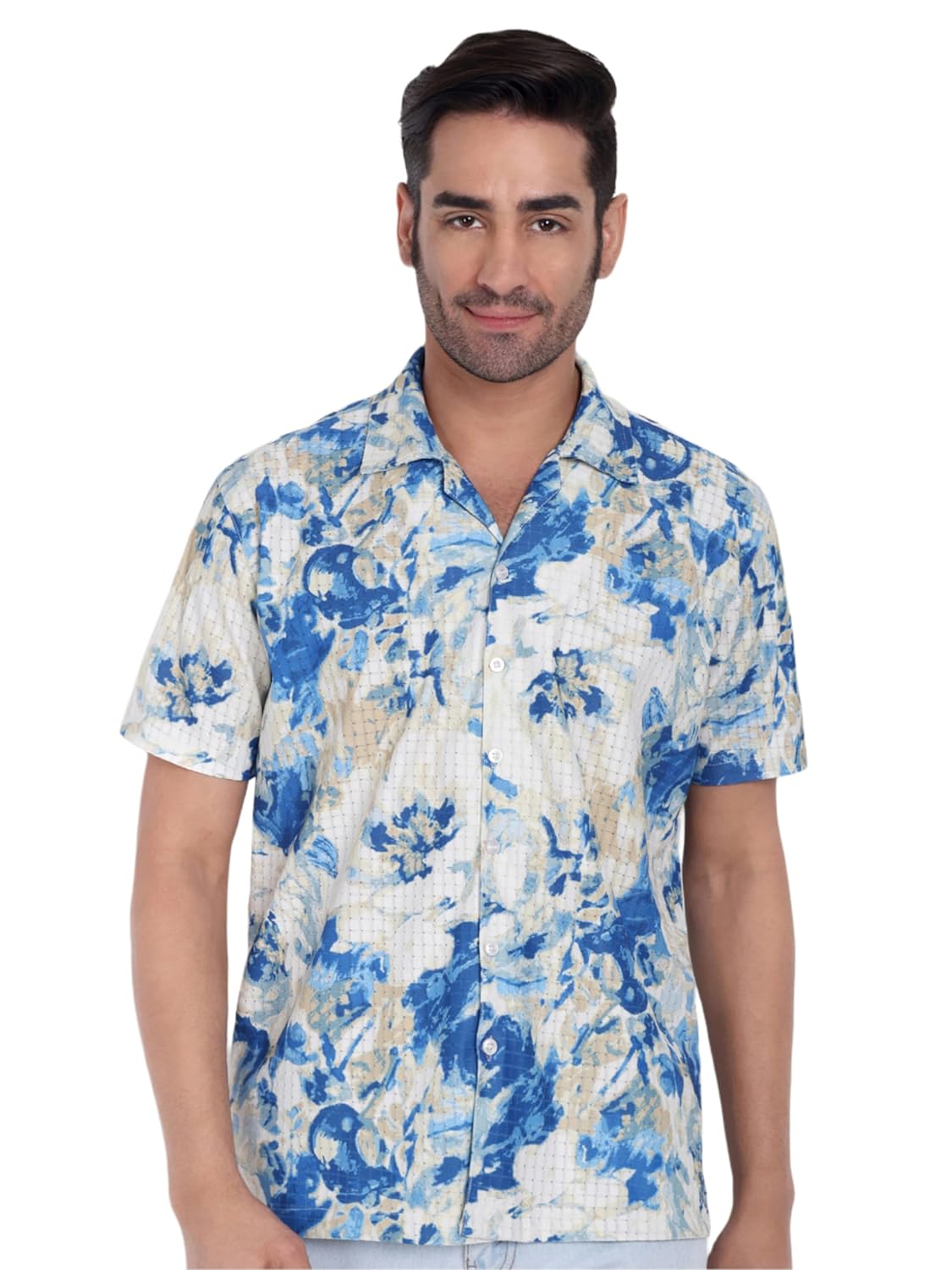 STYSURE Cotton Blue Beige Watercolor Floral Printed Men’s Shirt, Structured Short Sleeve Urban Fit, Bold Botanical Look Casual Shirt for Men Regular Shirt for Mens, Sizes – S, M, L, XL