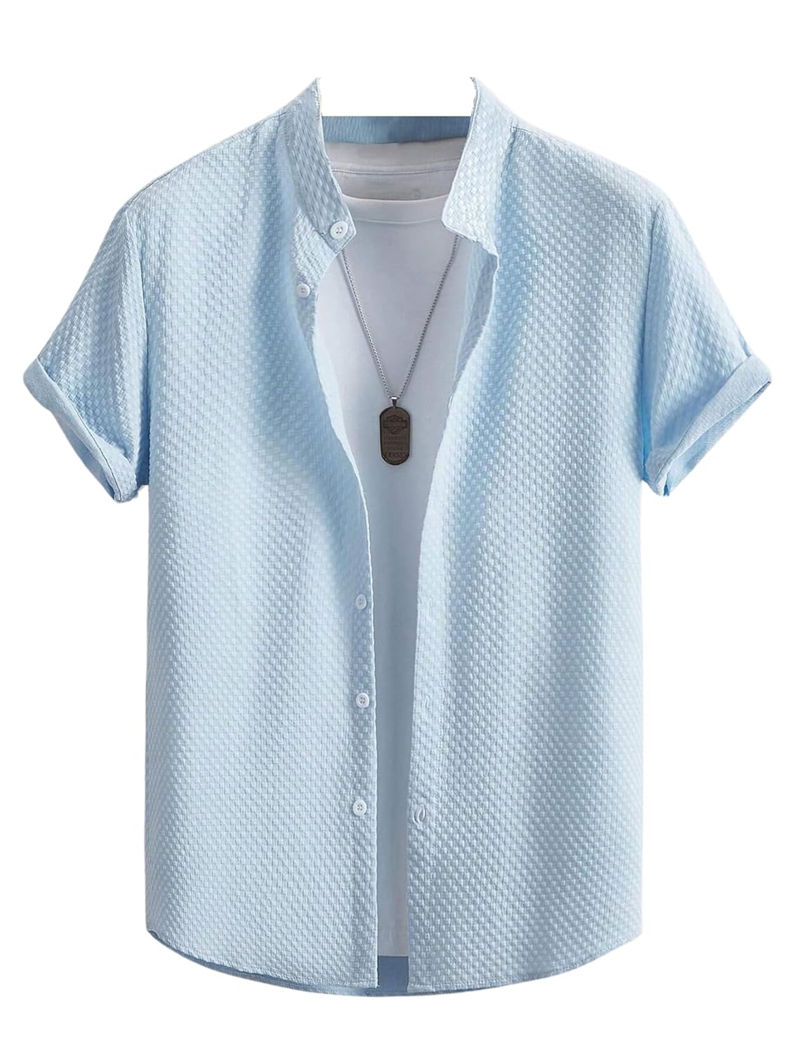 SWADESI STUFF Men’s Stylish Polycotton Regular Fit Chinese Collar Half Sleeve Shirt – Solid Color