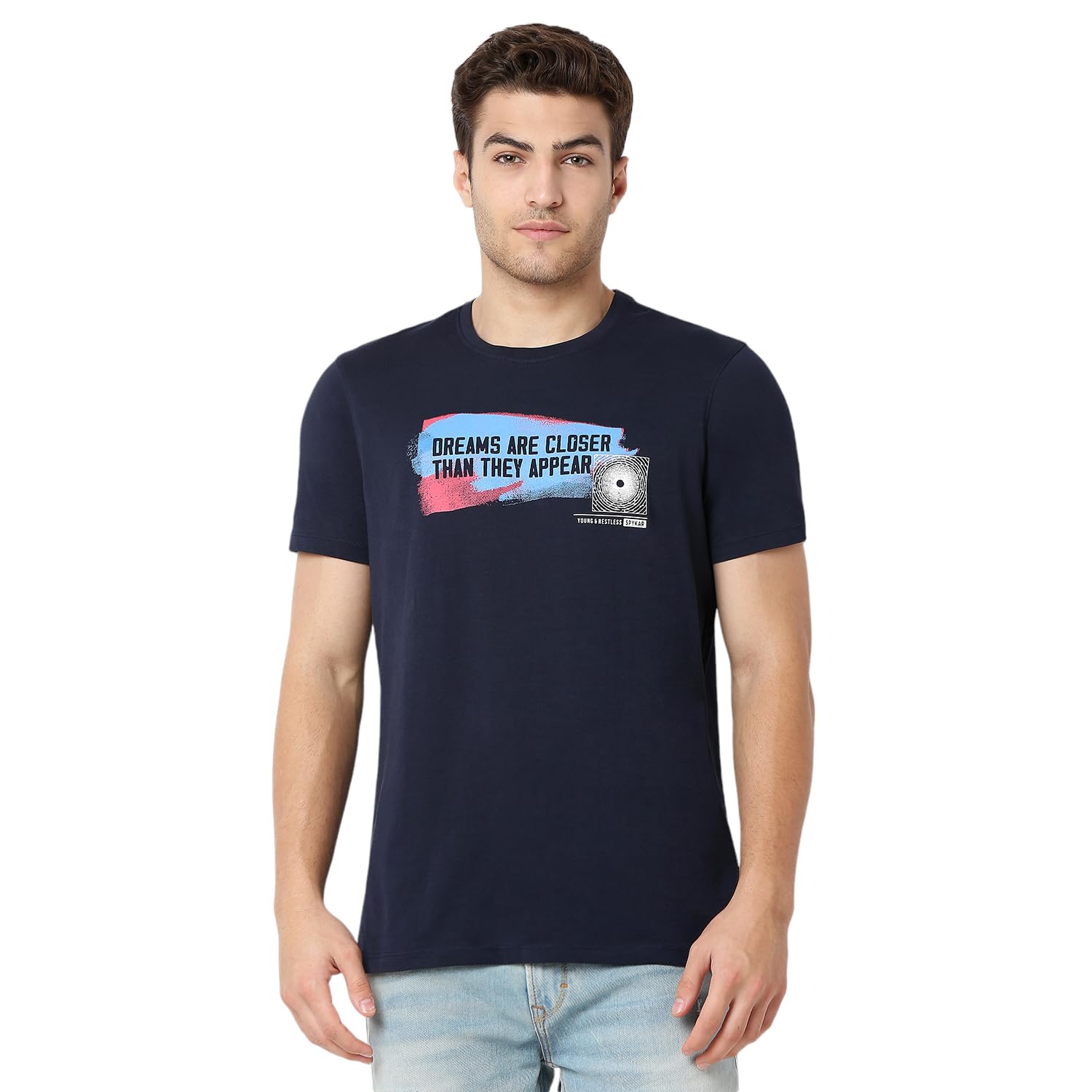 Spykar Men Blue Slim Fit Solid Casual T-Shirt Spykar Men Blue Slim Fit Solid Casual T-Shirt