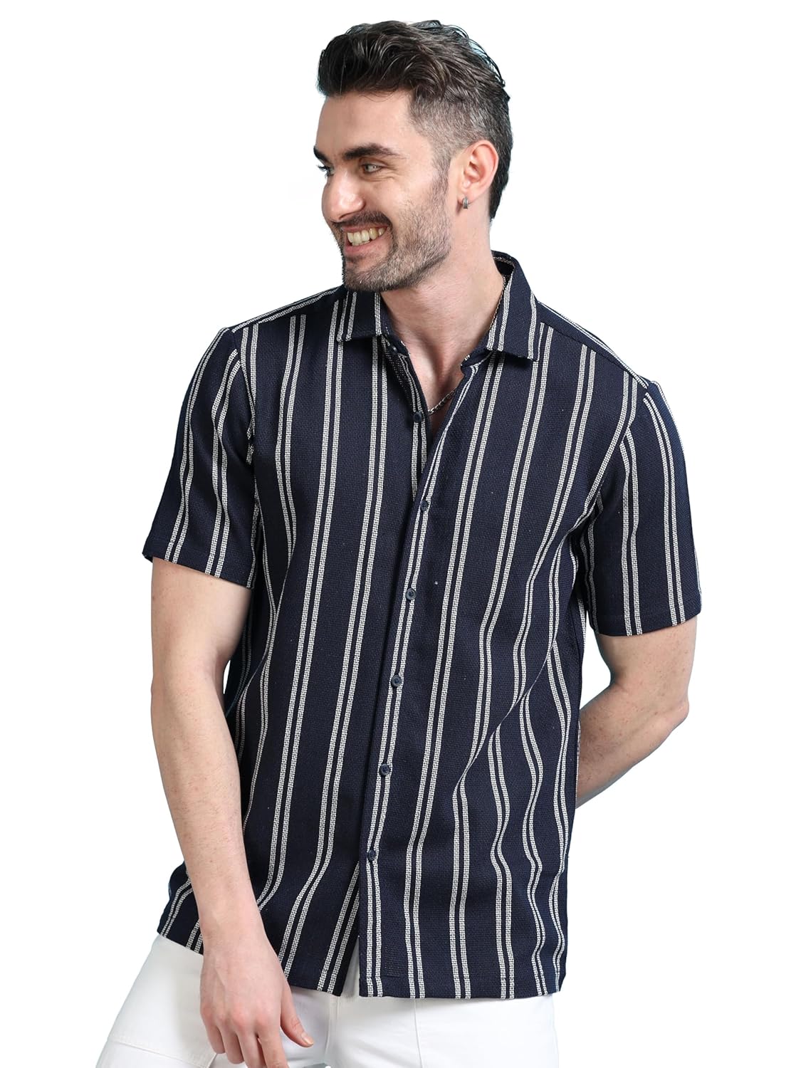 StitchX Men’s Half Sleeve Textured Striped Casual Cutaway Collar Shirt S-2XL