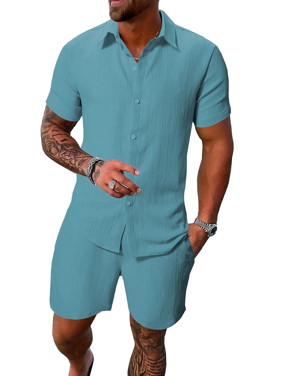 TAGDO Men’s 2-Piece Black Summer Outfit – Short-Sleeve Shirt and Matching Shorts – Casual Beachwear Set (Men-Coord-2034)