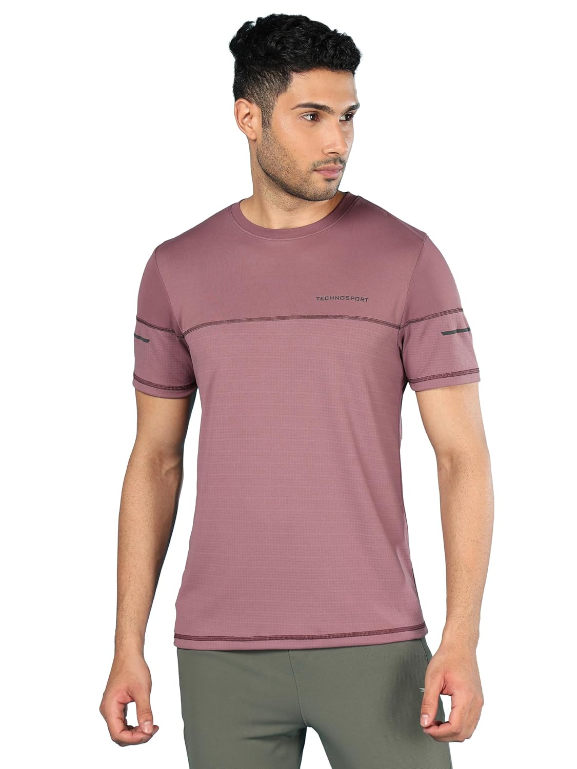TECHNOSPORT Men’s Slim Fit Crew Neck Half Sleeve Self Design Textured T-Shirt, SPF 50+, Odour Free and Quick Dry