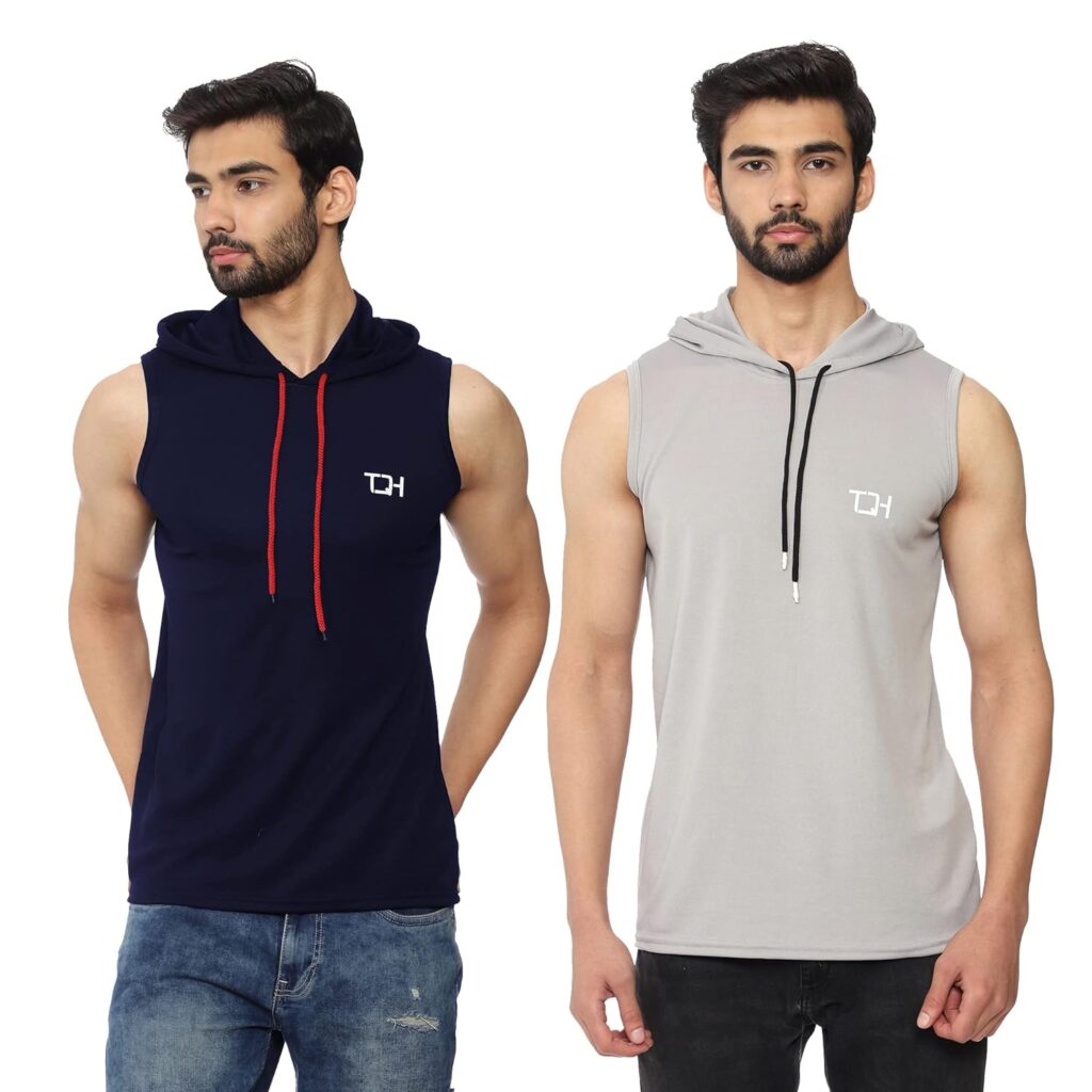TQH-Men’s Slim Fit Solid Sleeveless Hoodie Neck Black Tshirt