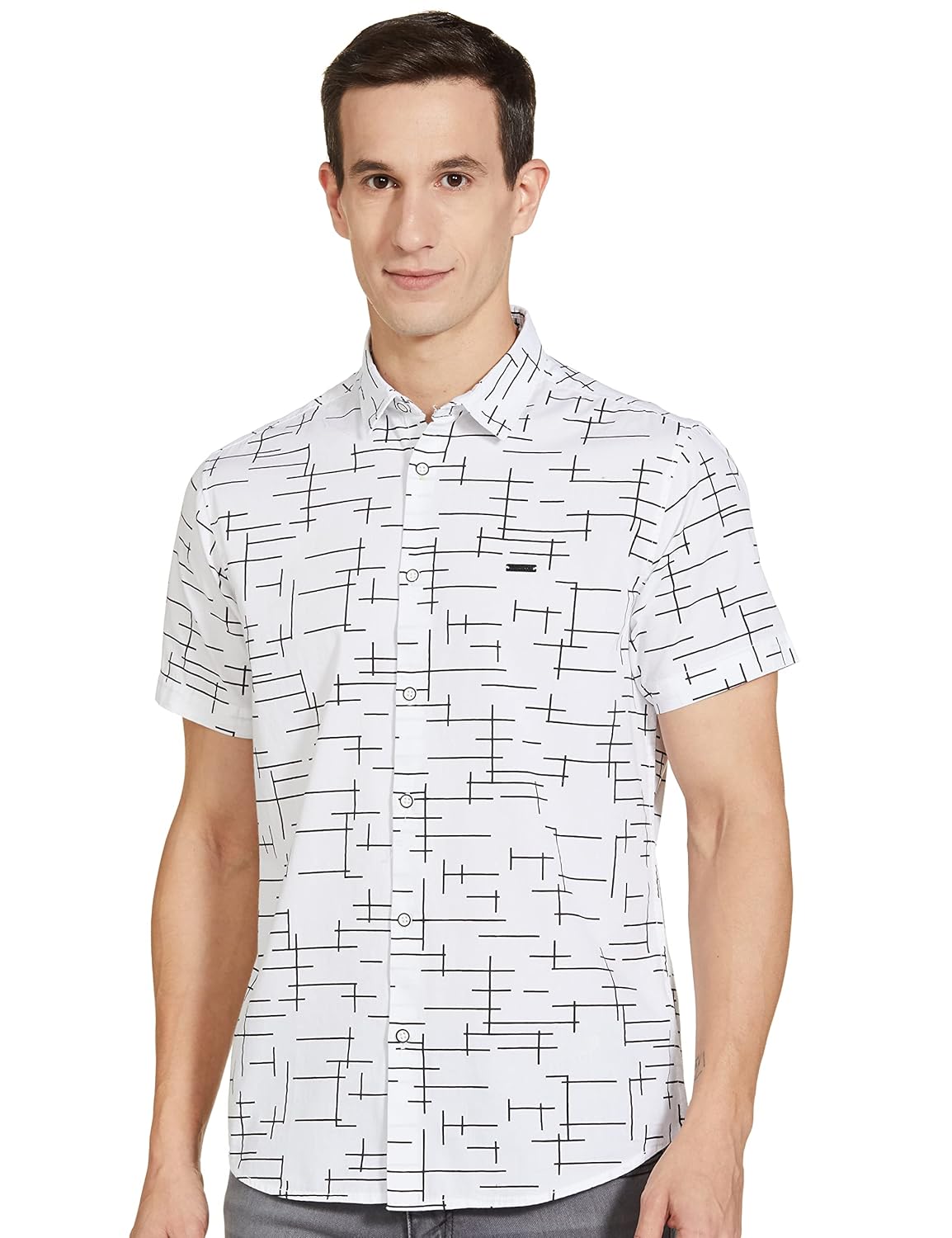 The Indian Garage Co Men’s Cotton Slim Fit Geometric Printed Half Sleeves Cutaway Collar Casual Shirt