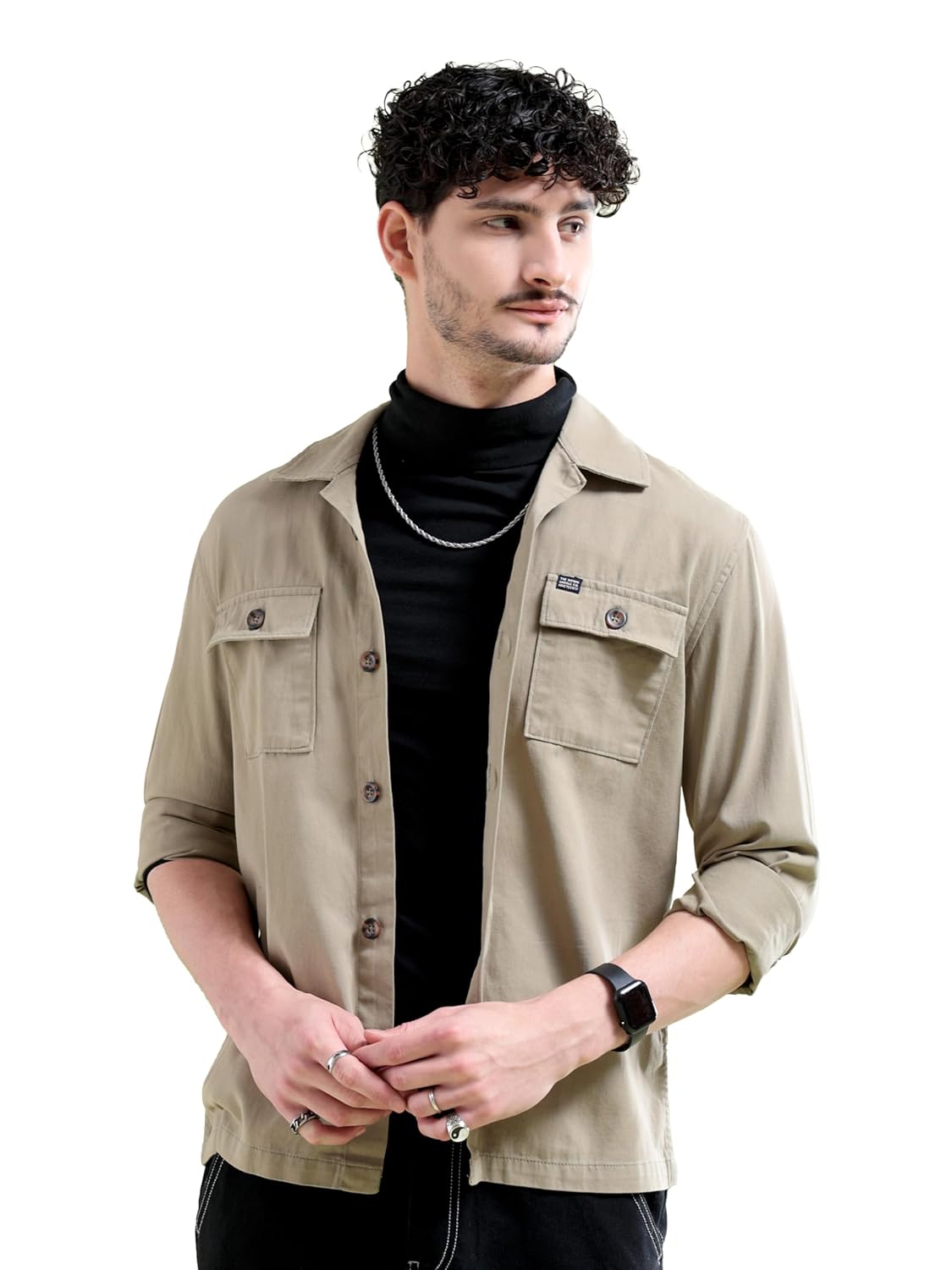 The Indian Garage Co Men’s Cotton Slim Fit Placement Print Full Sleeves Cutaway Collar Double Flap Pocket Casual Over Shirt