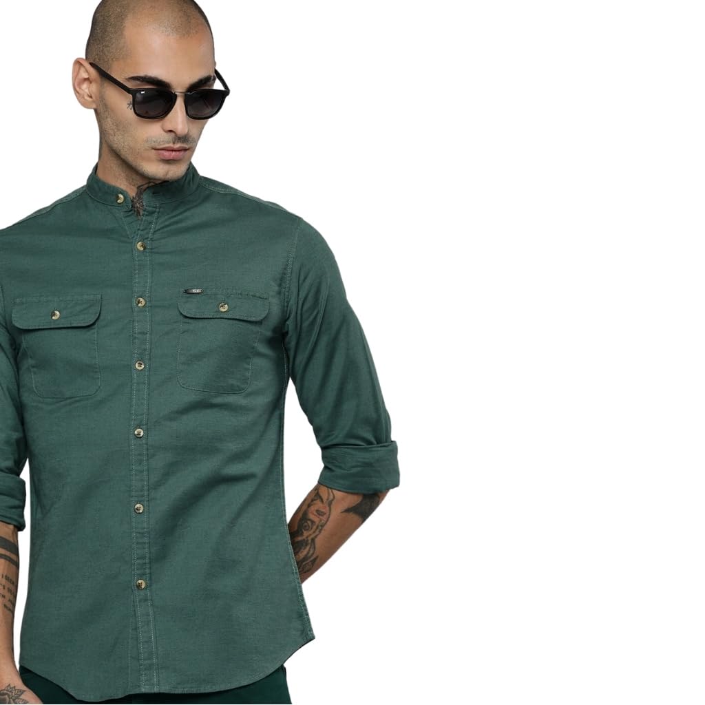 The Indian Garage Co Men’s Cotton Slim Fit Solid Full Sleeves Mandarin Collar Double Flap Pocket Casual Shirt