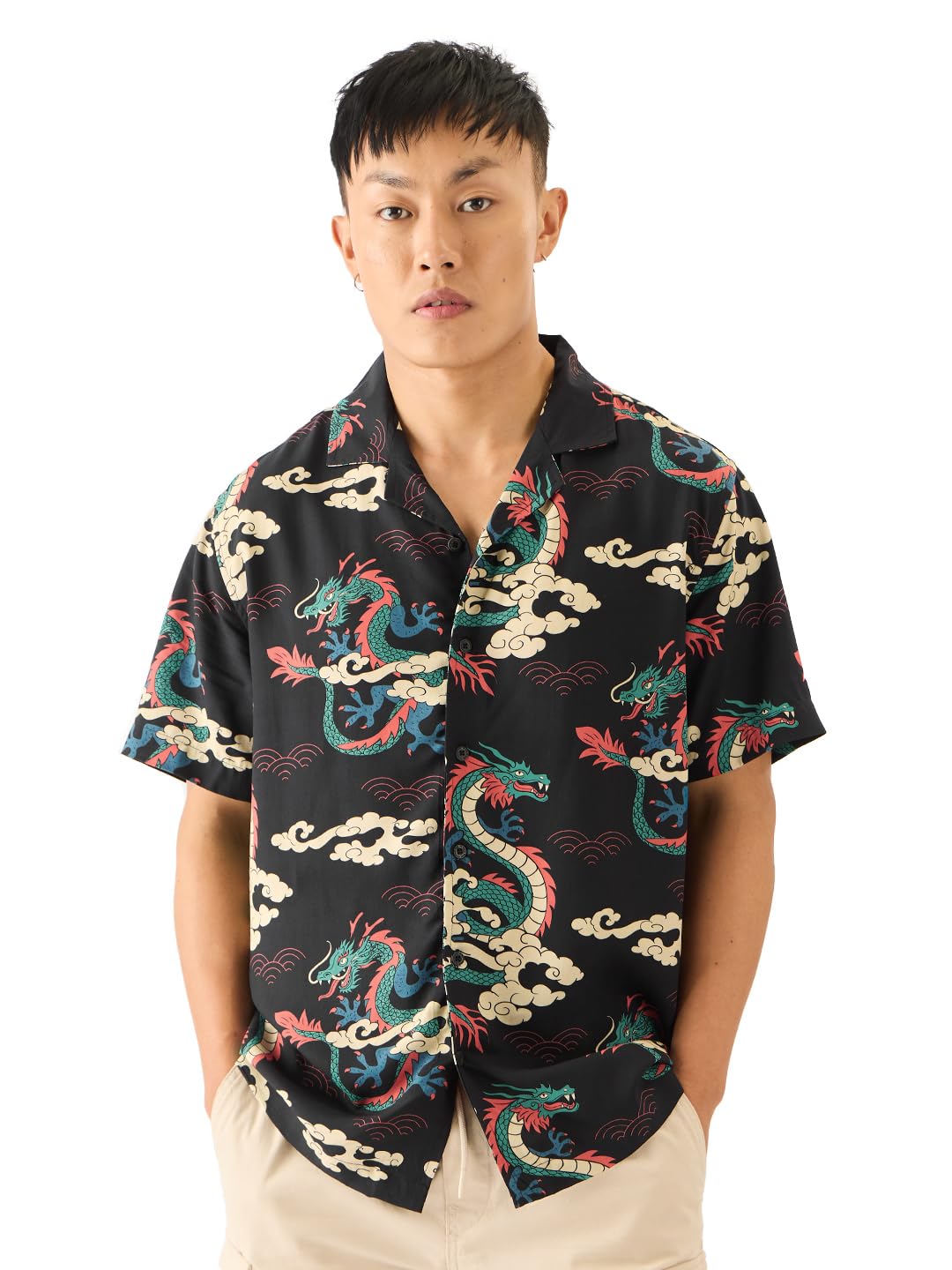 The Souled Store Dragons Men and Boys Short Sleeve Collared Neck Button Down Black All Over Printed Cotton Summer Shirts