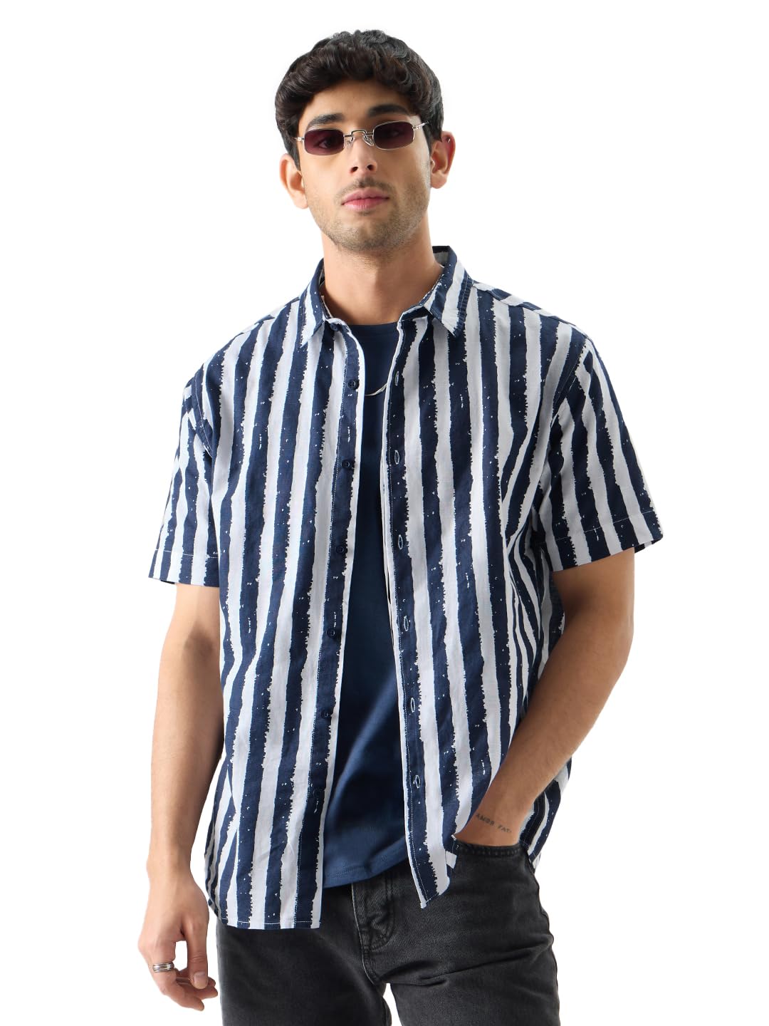 The Souled Store Men Stripes: Midnight Blue Printed Shirts