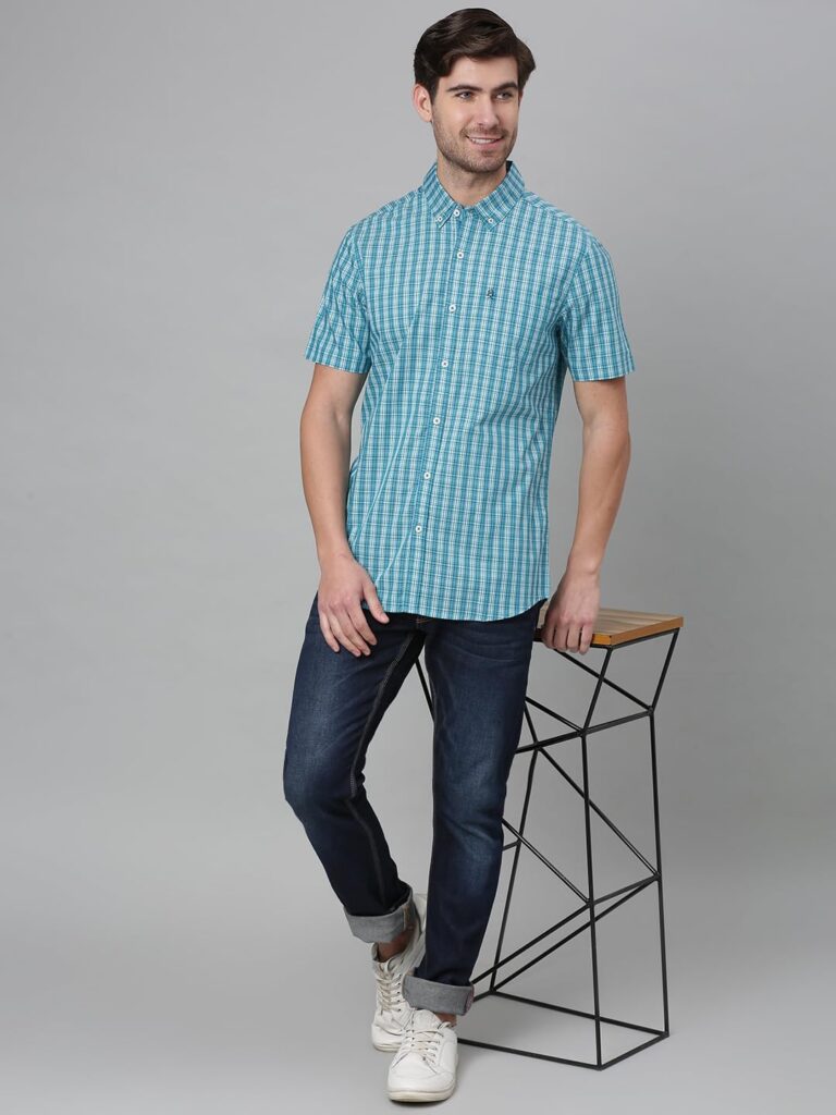 Thomas Scott Men’s Checkered Regular Fit 100% Cotton Casual Shirt with Button Down Collar and Half Sleeve