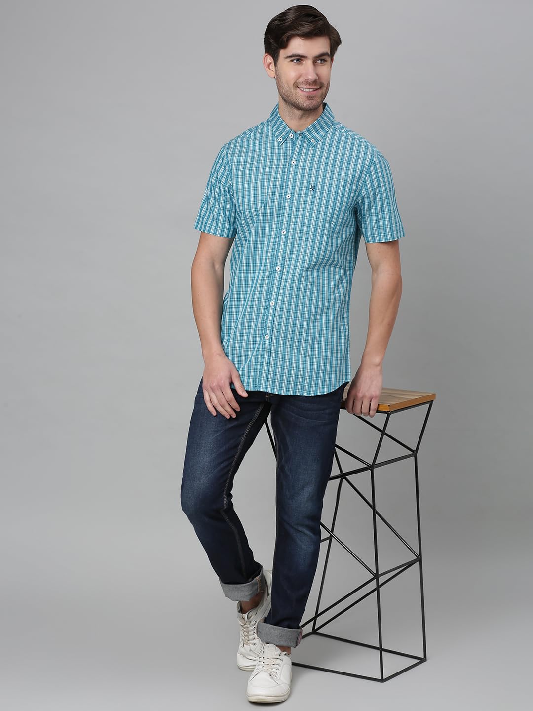 Thomas Scott Men’s Checkered Regular Fit 100% Cotton Casual Shirt with Button Down Collar and Half Sleeve