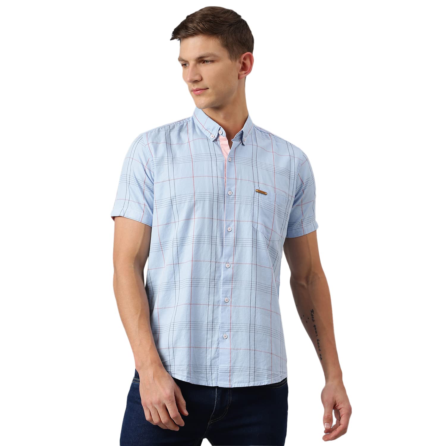 Thomas Scott Men’s | Checkered | Slim Fit | 100% Cotton | Casual Shirt | Button Down | Collar | Half Sleeve | Shirt for Men