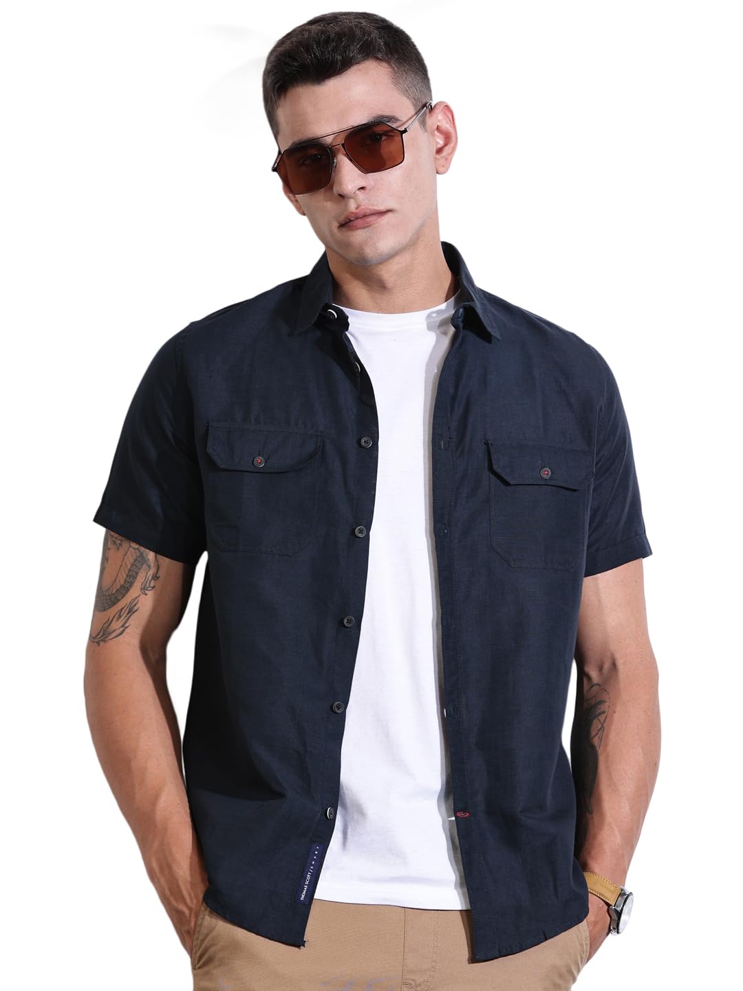 Thomas Scott Men’s | Solid | Half Sleeve | Slim Fit | Linen Blend | Double Flap Pocket | Spread Collar | Casual Shirt