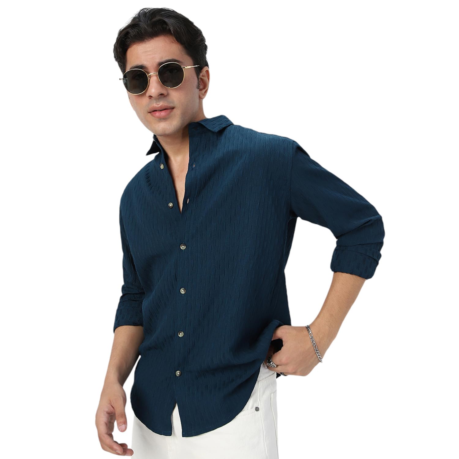 Urbano Fashion Men’s Cotton Full Sleeve Regular Fit Textured Shirt with Spread Collar