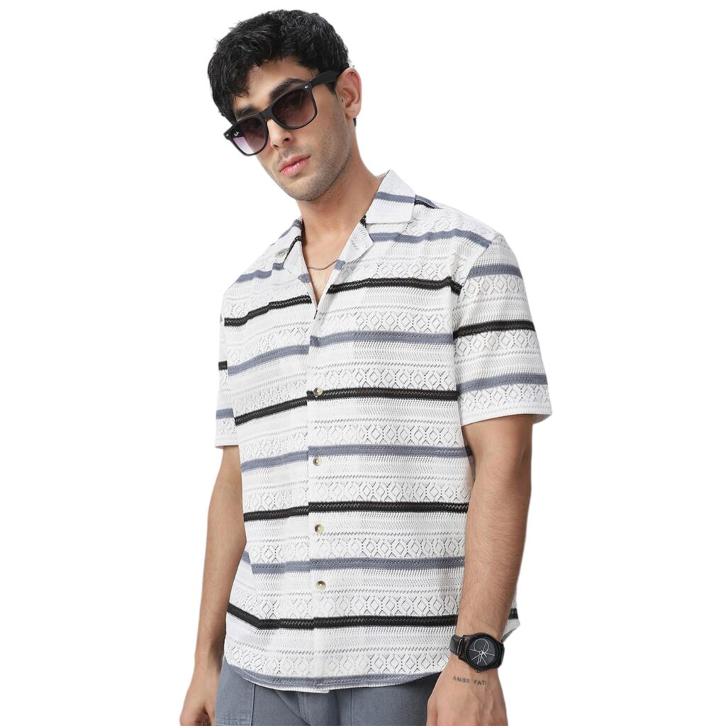 Urbano Fashion Men’s Cotton Half Sleeve Oversized Fit Textured Crochet Shirt with Cuban Collar
