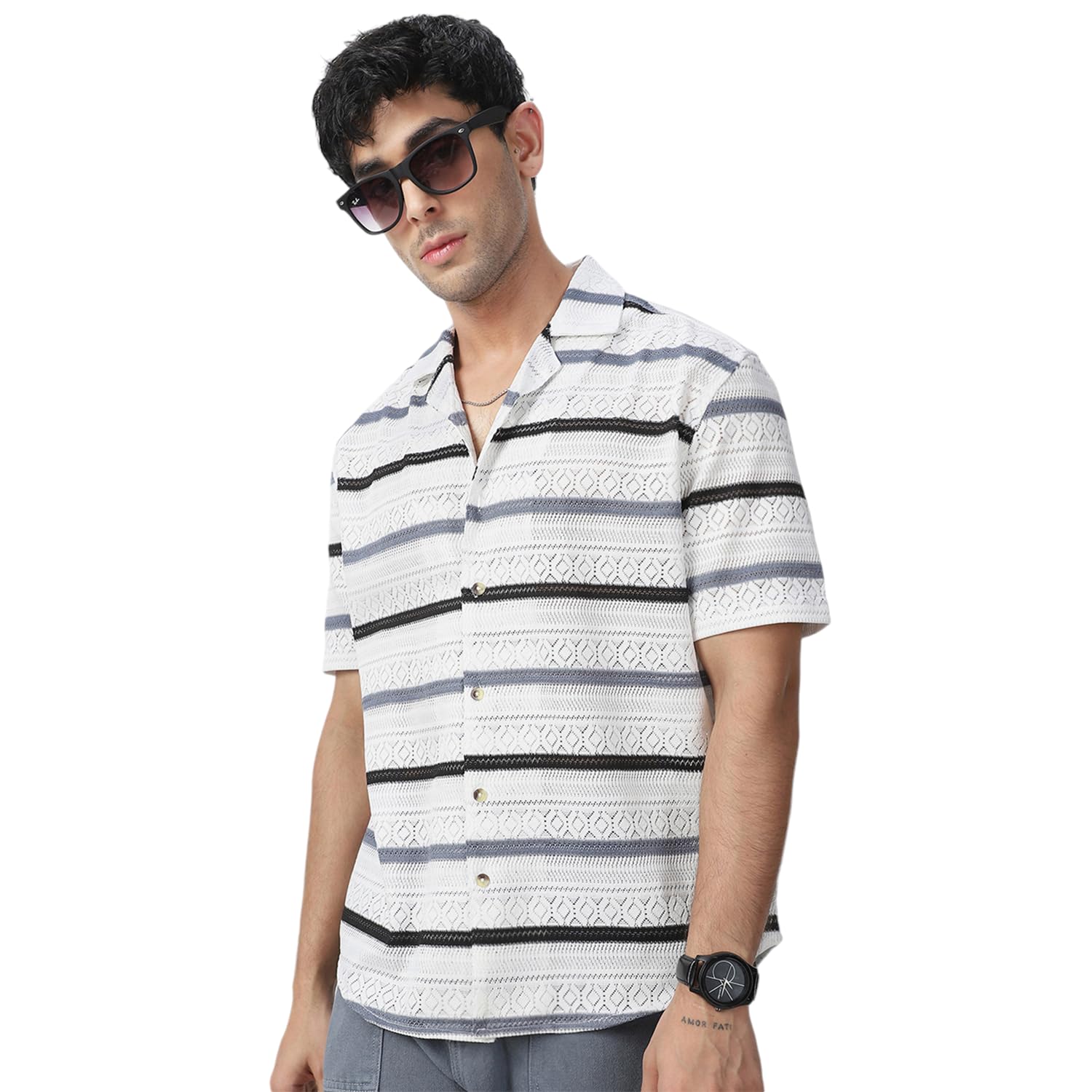 Urbano Fashion Men’s Cotton Half Sleeve Oversized Fit Textured Crochet Shirt with Cuban Collar