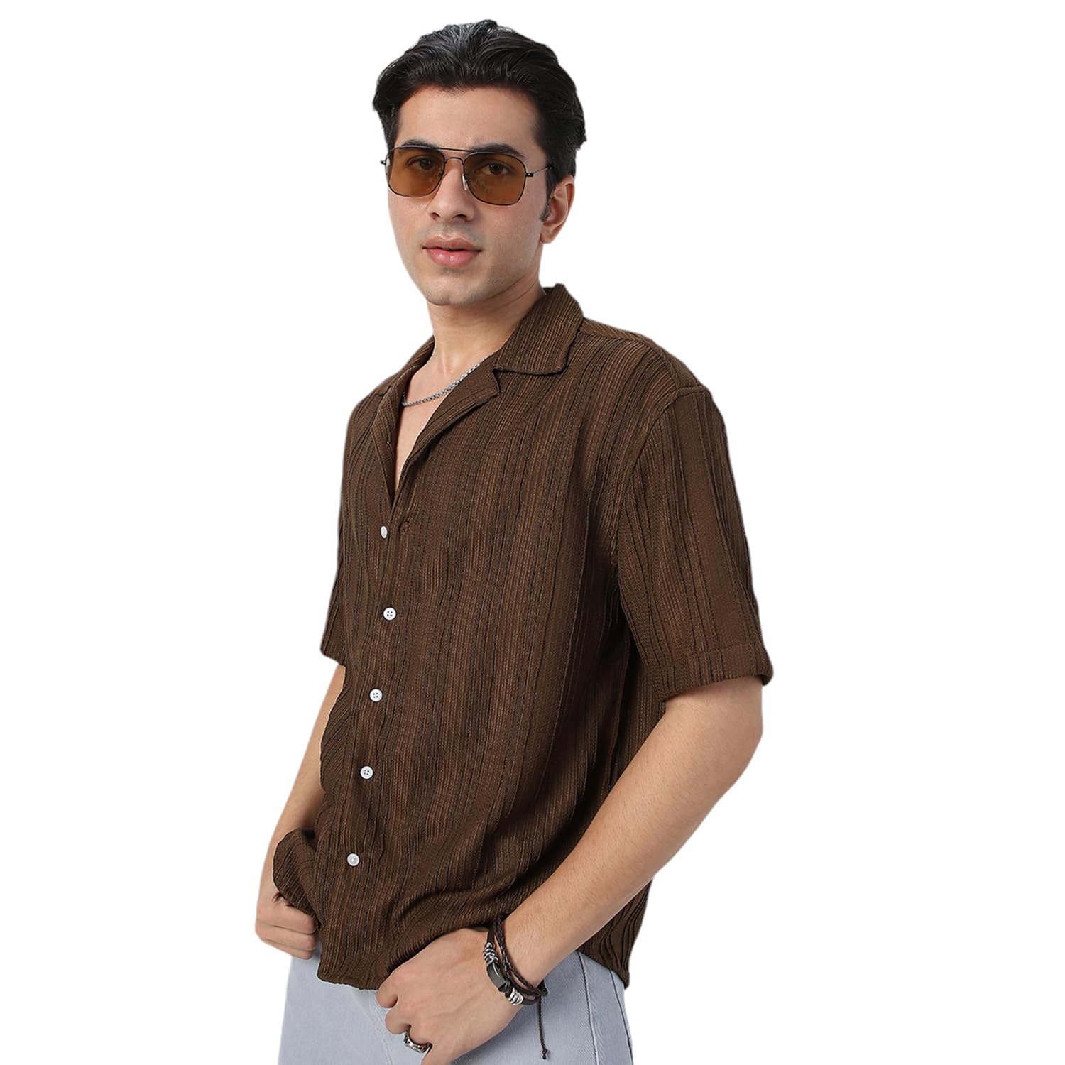 Urbano Fashion Men’s Cotton Half Sleeve Oversized Fit Textured Shirt with Cuban Collar