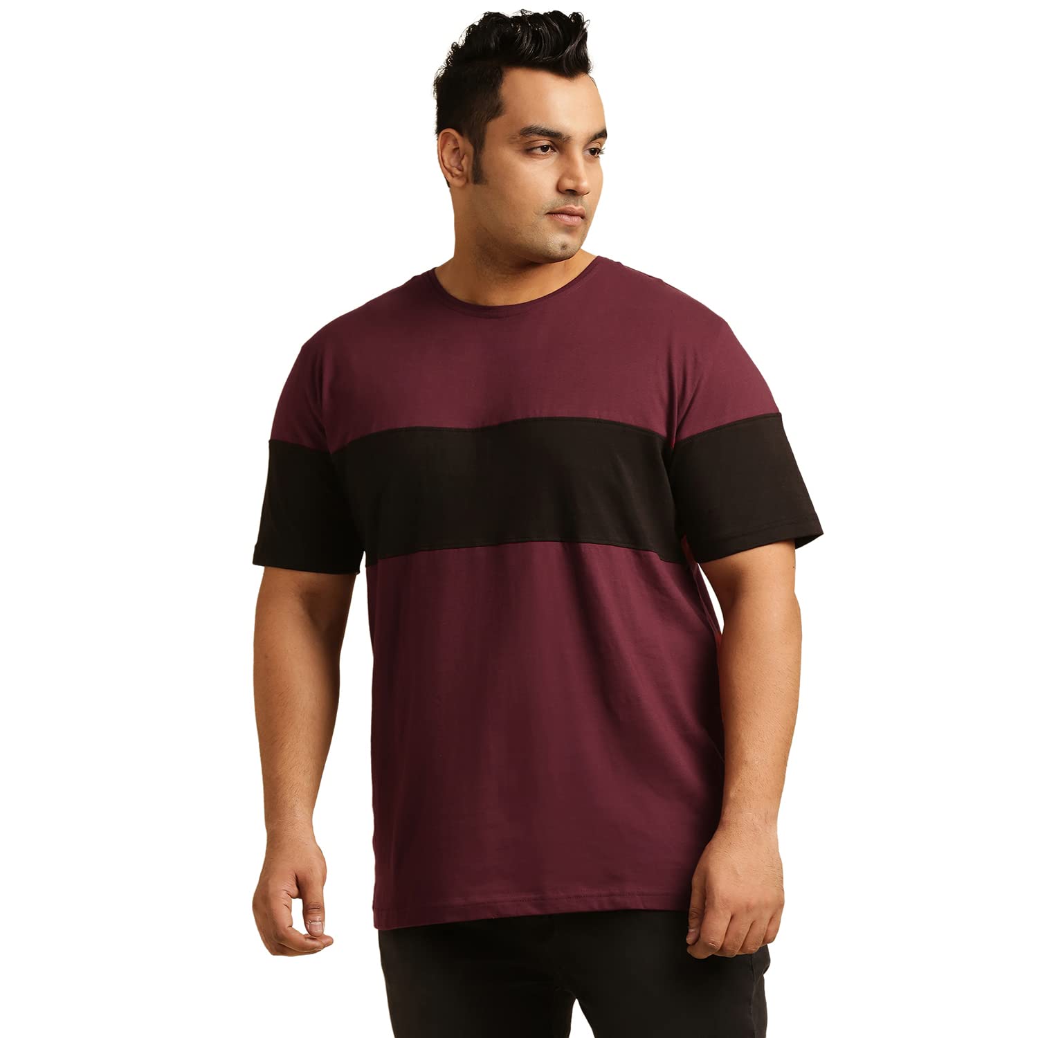 VAISHVIK Mens Plus Size T-Shirt – Stripe – Maroon Black