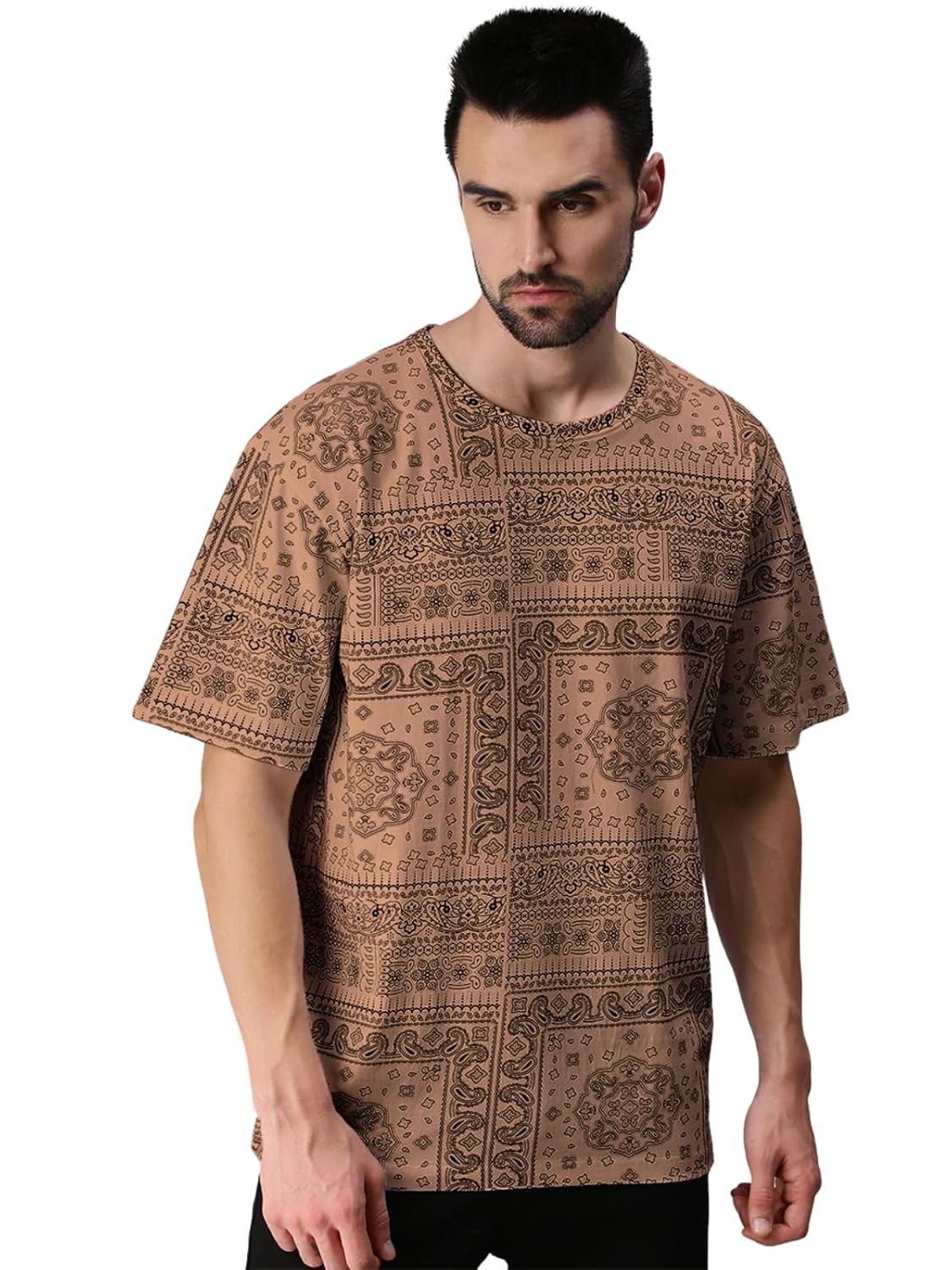Veirdo® Pure Cotton Oversized Loose Baggy Fit Drop Shoulder Round Neck All Over Paisley Bandana Printed Half Sleeves T-Shirt for Men (Colors Available: White, Navy Blue & Beige)