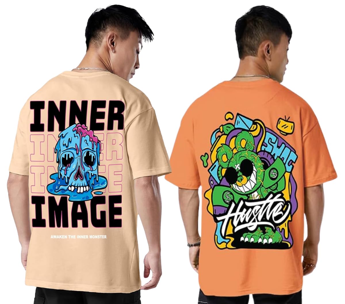 Veirdo® Pure Cotton Oversized Loose & Baggy Fit Drop Shoulder Half Cool Graphic & Typographic Printed T-Shirts Combo for Men & Boys (Size Options: S to 2XL)