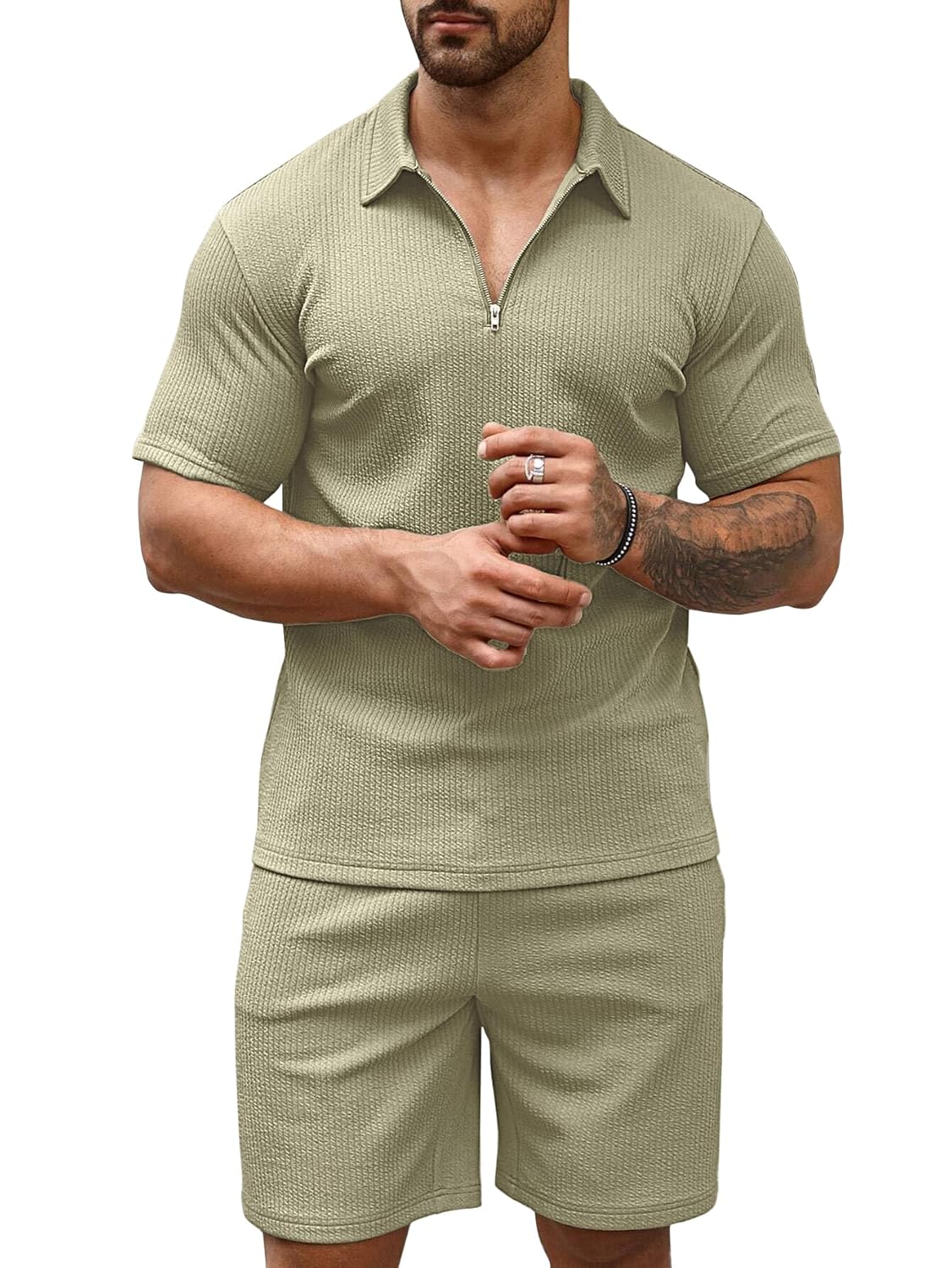 Vogaan Men’s Polo Shirt and Shorts Set | Summer Fashion Short Sleeve Solid Zipper 2 Pieces Outfits for Men