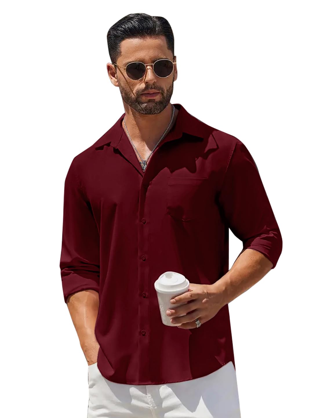 Vogaan Men’s Solid Slim Fit Soft Touch Cotton Shirt | Full Sleeves Casual Shirt with Pocket