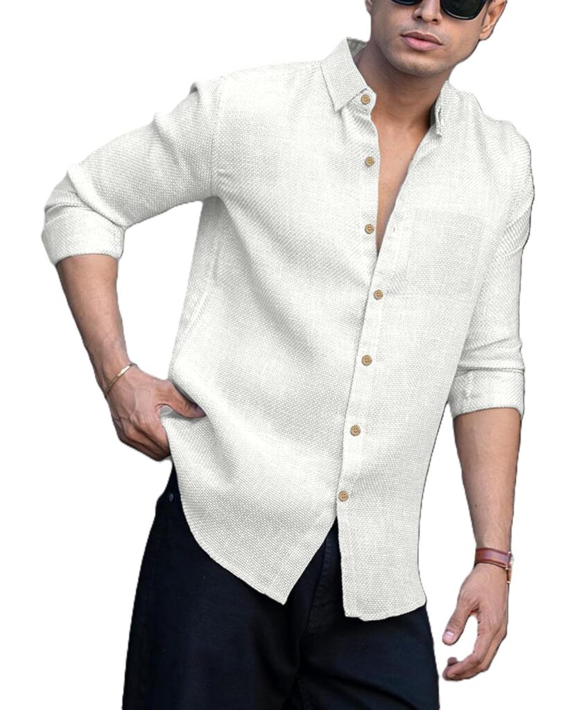 Zilcon Men’s Regular Fit Solid Soft Touch Cotton Casual Shirts Summer Beach Shirts Vacation Shirt with Pocket Design with Spread Collar & Full Sleeves