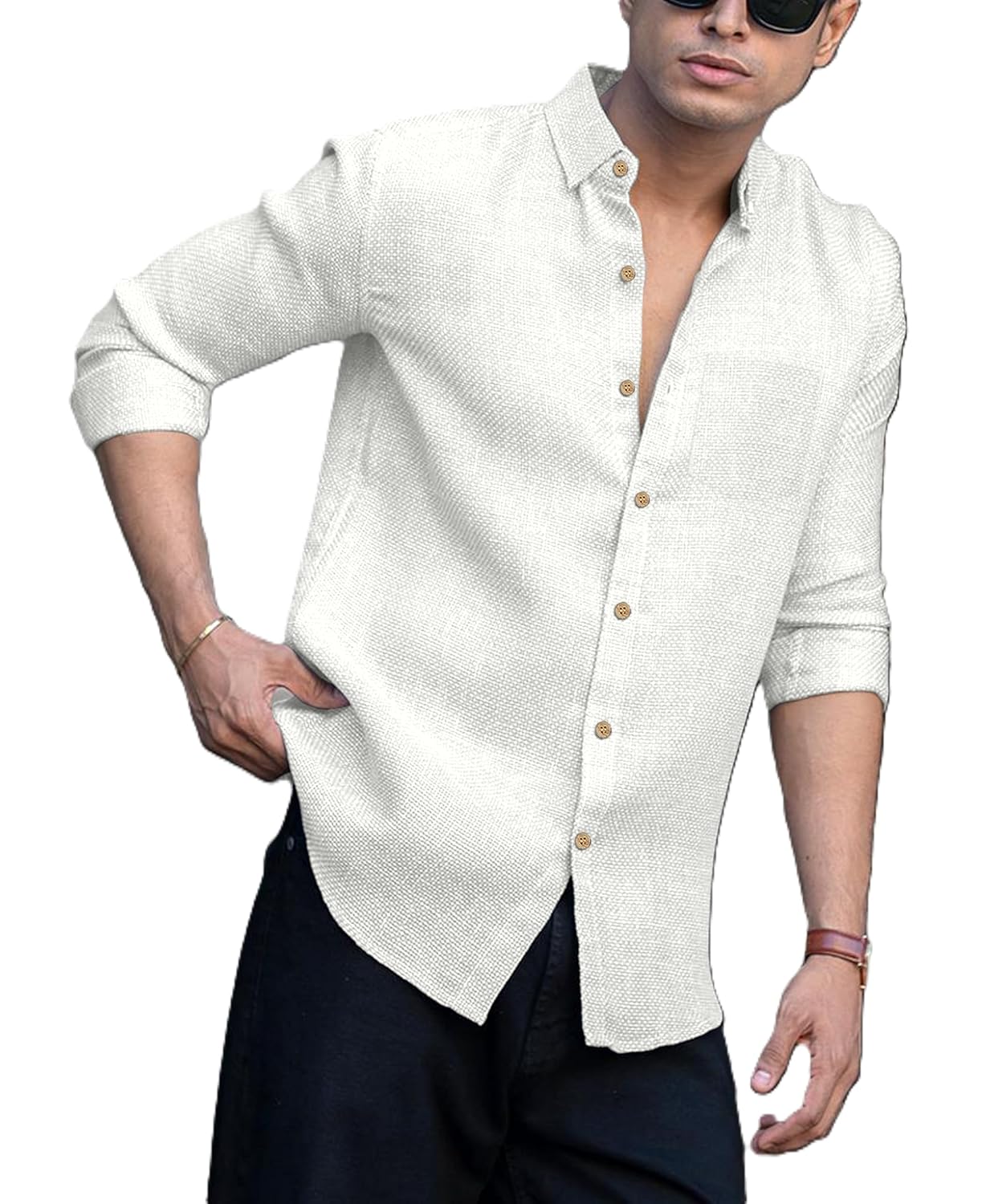 Zilcon Men’s Regular Fit Solid Soft Touch Cotton Casual Shirts Summer Beach Shirts Vacation Shirt with Pocket Design with Spread Collar & Full Sleeves
