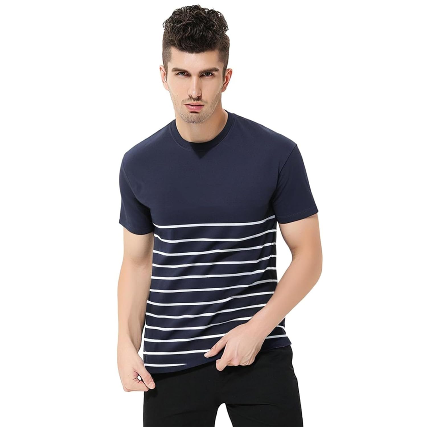 fanideaz Mens Cotton Half Sleeve Striped Round Neck T Shirt